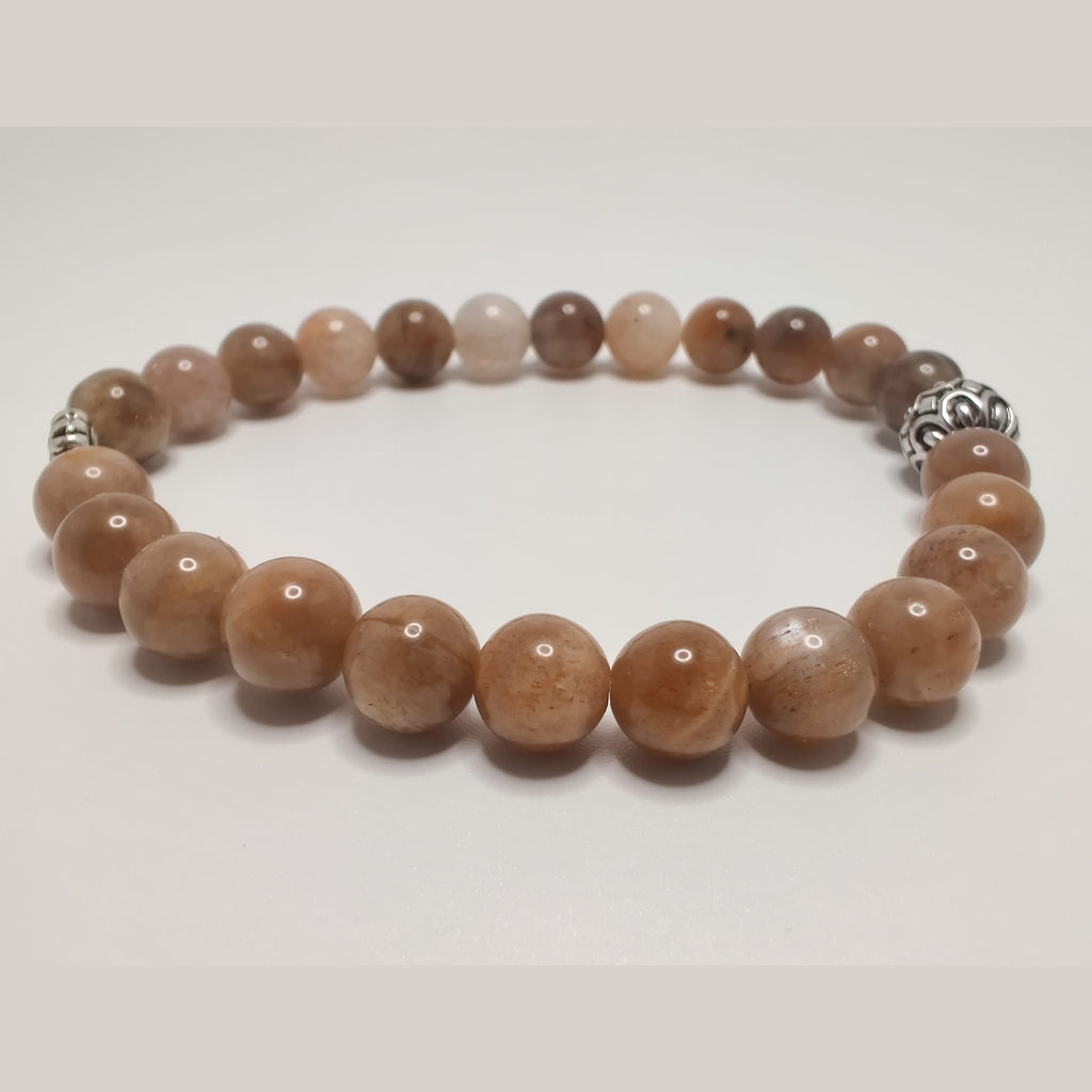 Peach moonstone and flower sunstone bracelet with silver tone daisy spacer and antique silver daisy capped round bead image 0