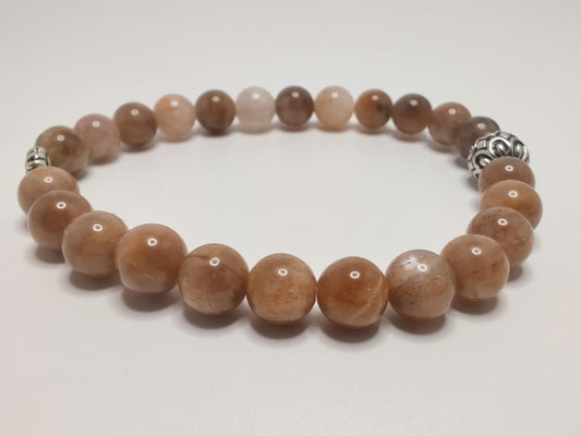 Peach moonstone and flower sunstone bracelet with silver tone daisy spacer and antique silver daisy capped round bead image 0