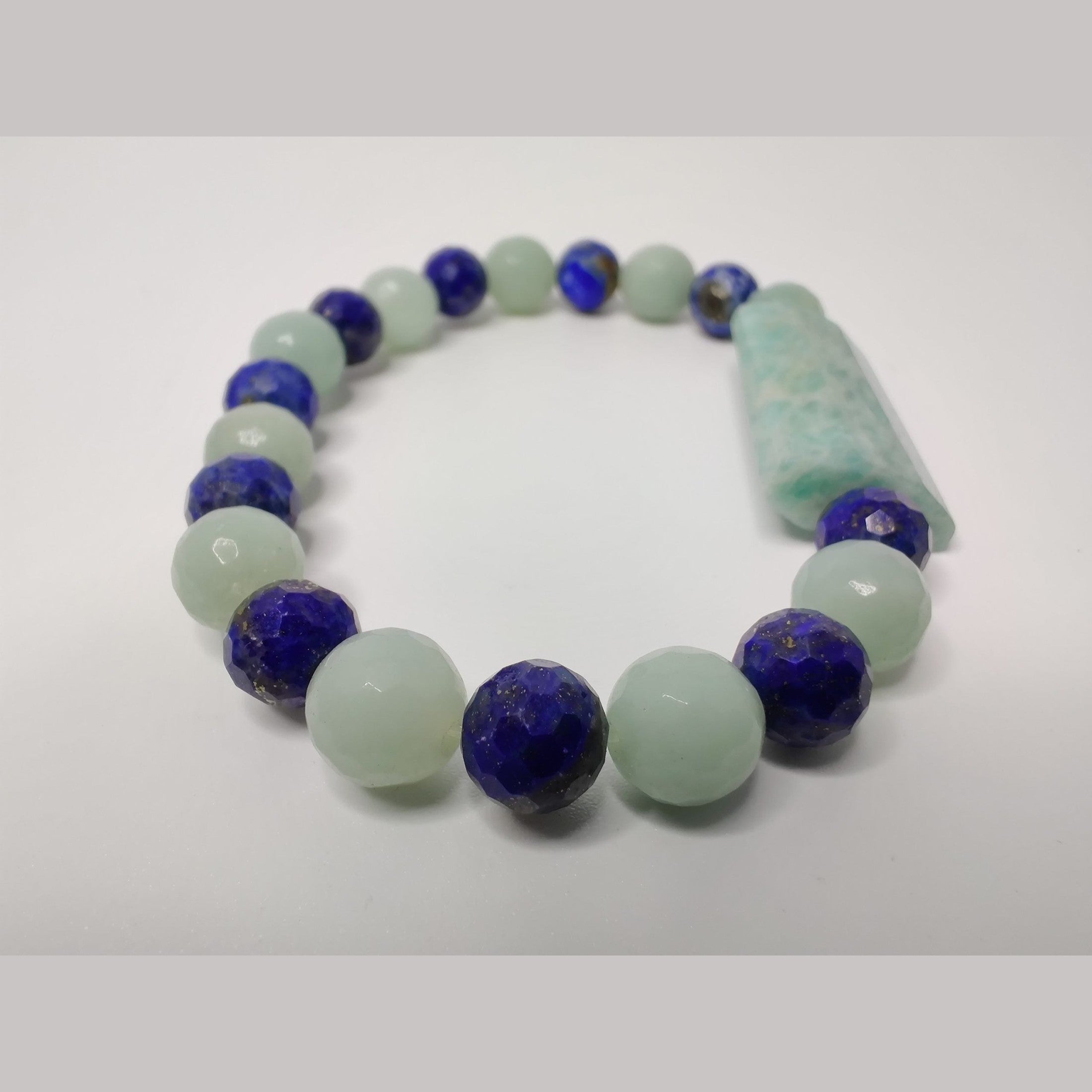 Faceted lapis lazuli and amazonite stretch bracelet with faceted Brazil amazonite puff rectangle image 1