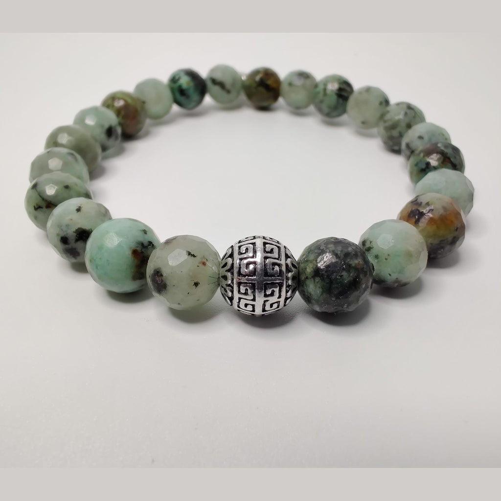 Faceted kiwi jasper and African turquoise stretch bracelet with lotus charm image 2