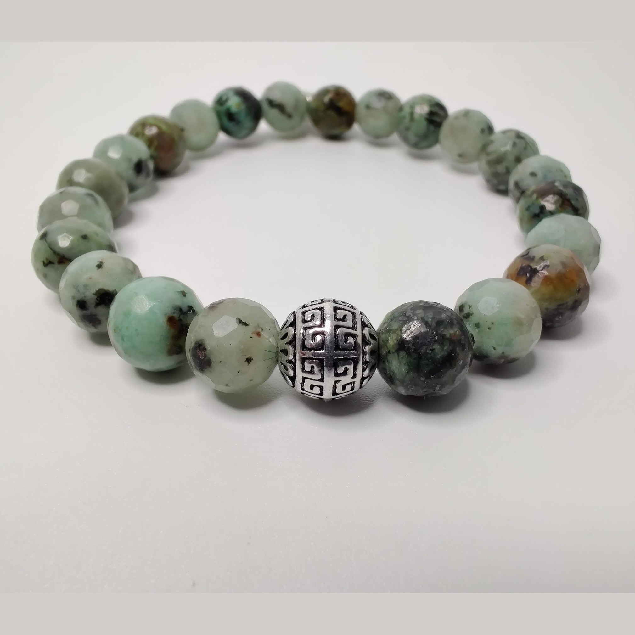 Faceted kiwi jasper and African turquoise stretch bracelet with lotus charm image 2