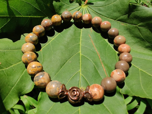 African brown rhyolite and leopardskin jasper stretch bracelet image 0
