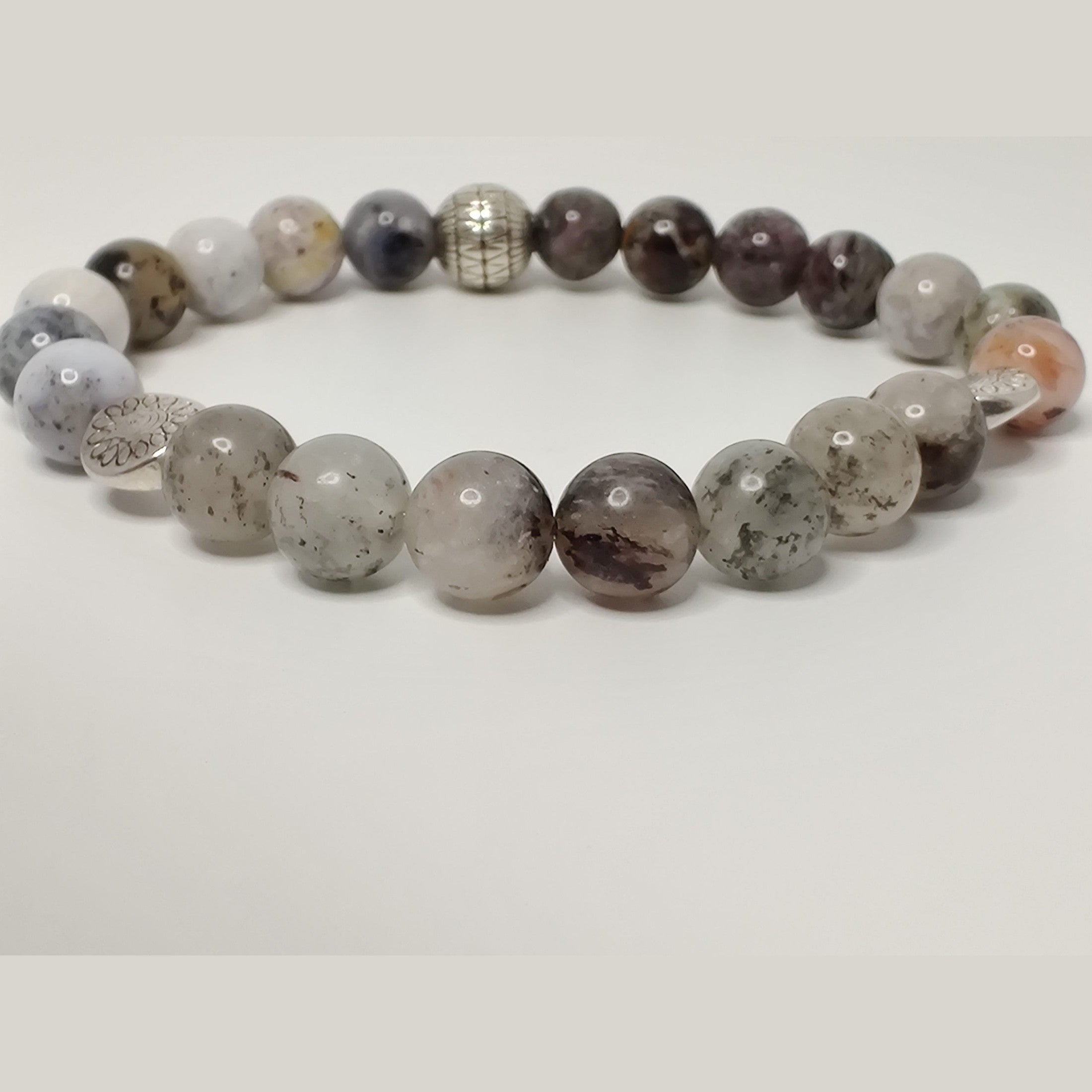 Black dendritic opal, pietersite, and lodolite stretch bracelet with silver tone flower spacers and antique silver (plated) basket round bead image 2