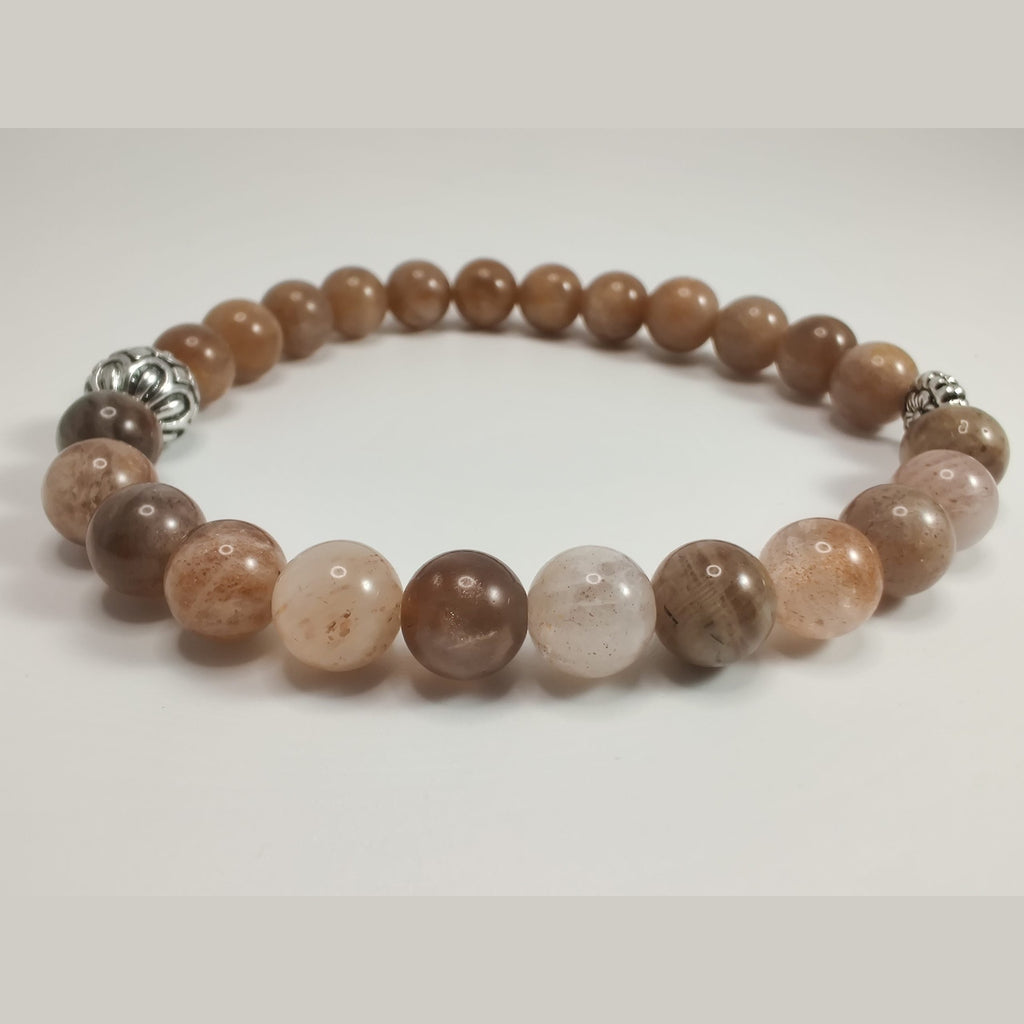 Peach moonstone and flower sunstone bracelet with silver tone daisy spacer and antique silver daisy capped round bead image 1