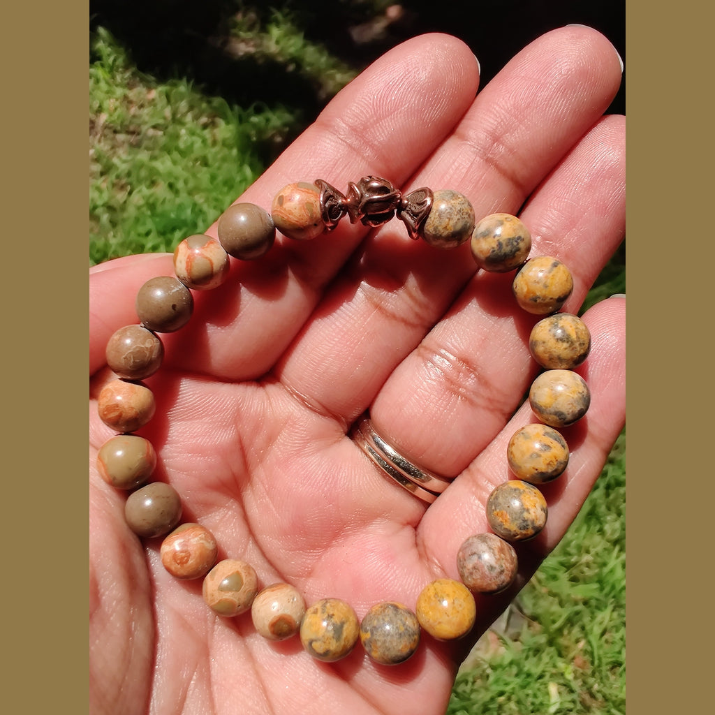 African brown rhyolite and leopardskin jasper stretch bracelet image 1