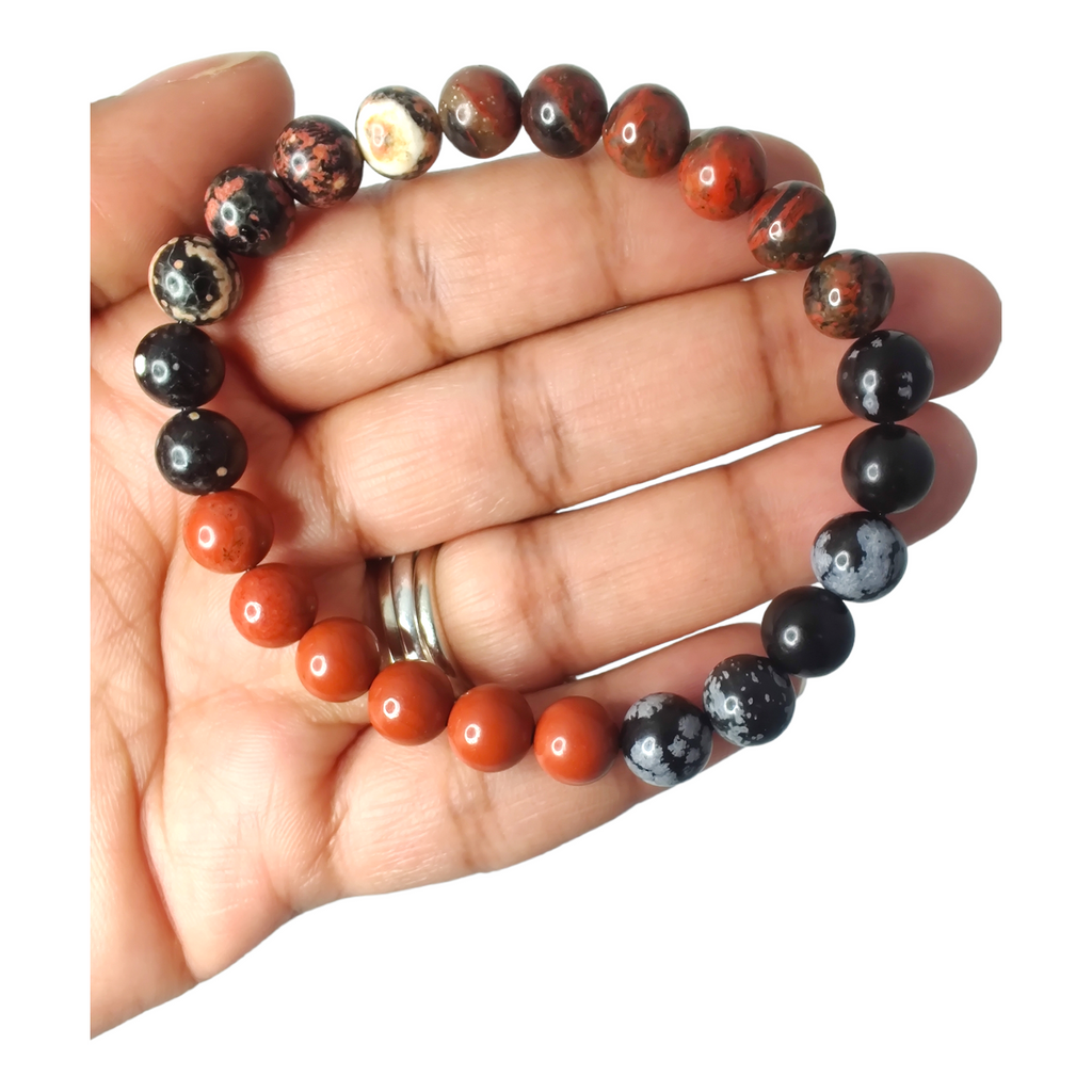 Brecciated jasper, Mexican red snowflake jasper, red jasper, and snowflake obsidian stretch bracelet image 0