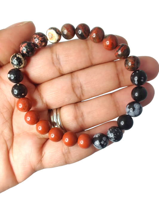 Brecciated jasper, Mexican red snowflake jasper, red jasper, and snowflake obsidian stretch bracelet image 0