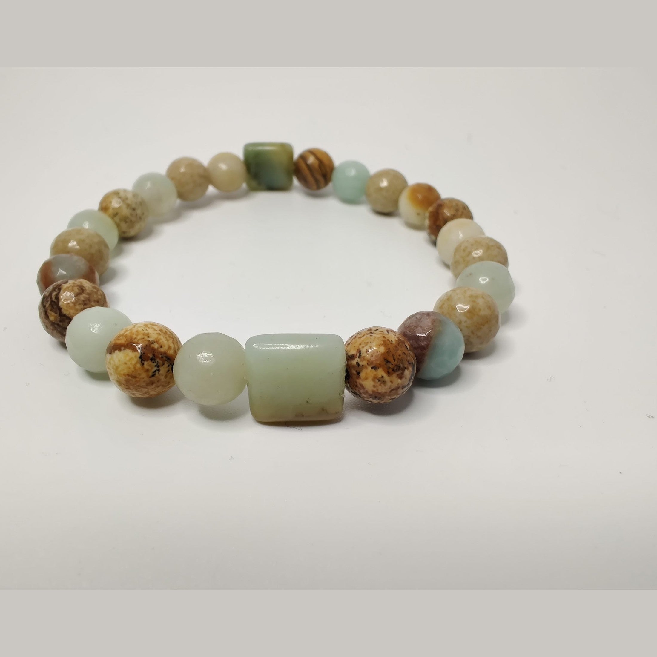 Faceted round picture jasper and black gold amazonite and black gold amazonite puff square stretch bracelet image 0