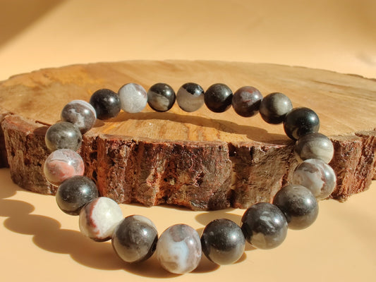 Mexican zebra jasper and orthoceras fossil stretch bracelet image 0