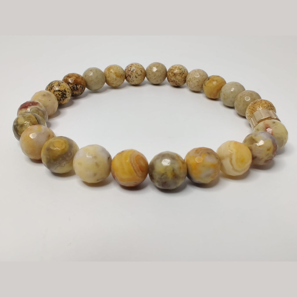 Faceted yellow crazy lace agate and picture jasper stretch bracelet with gold plated groove barrel bead slide image 2