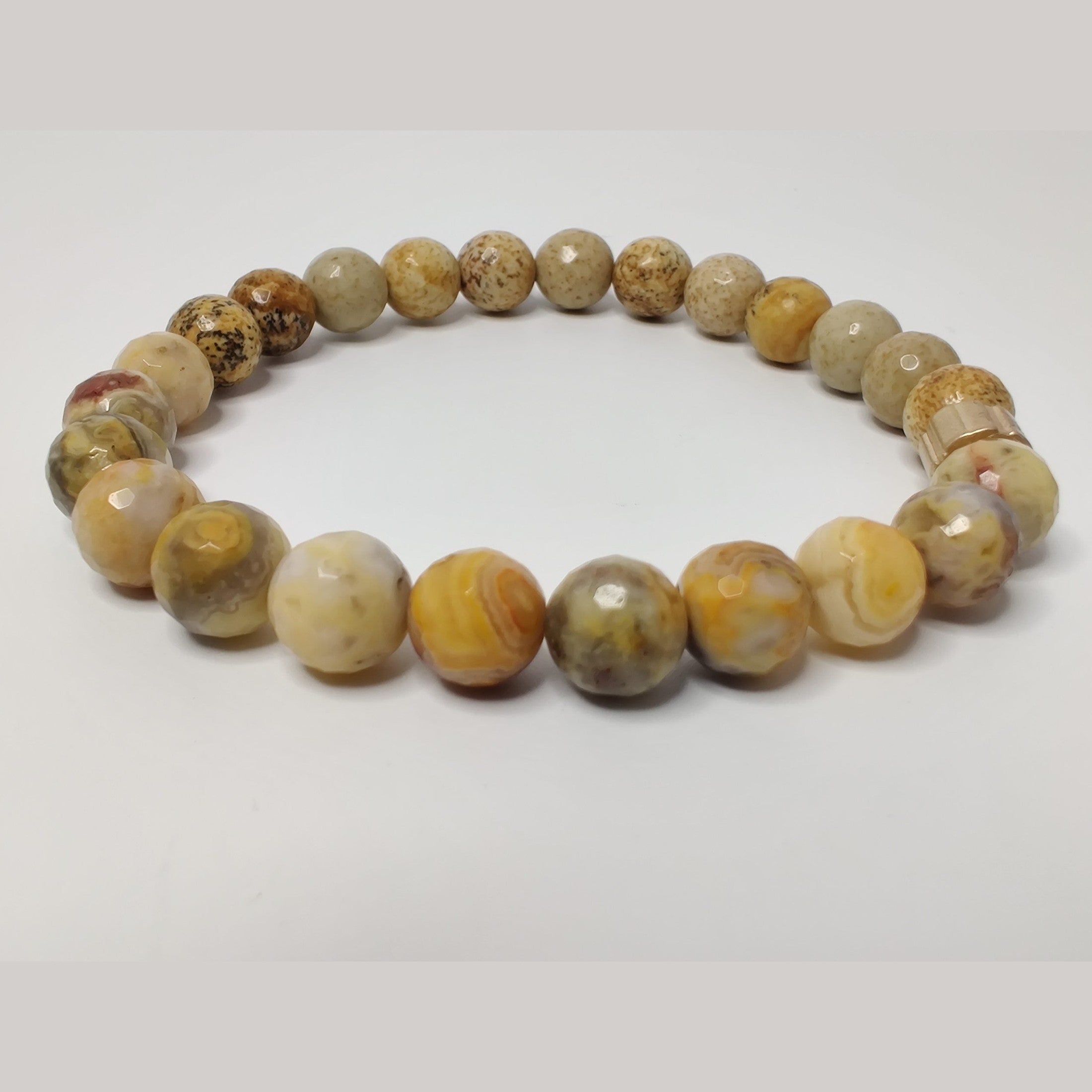 Faceted yellow crazy lace agate and picture jasper stretch bracelet with gold plated groove barrel bead slide image 2