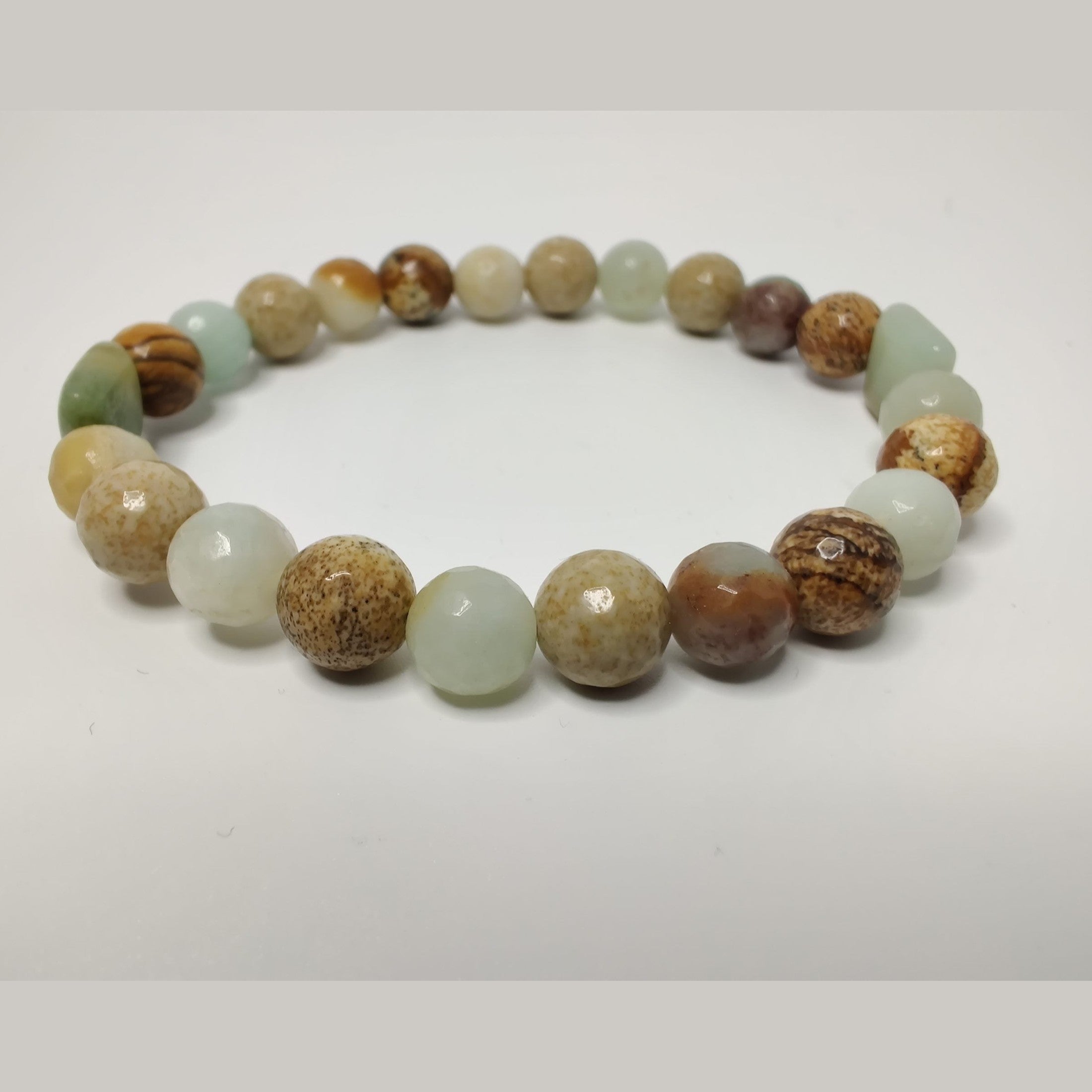 Faceted round picture jasper and black gold amazonite and black gold amazonite puff square stretch bracelet image 2