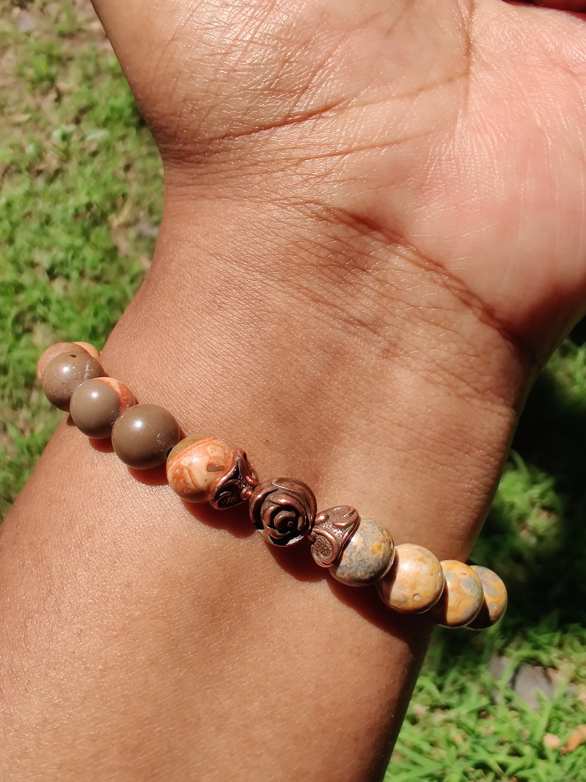 African brown rhyolite and leopardskin jasper stretch bracelet image 2