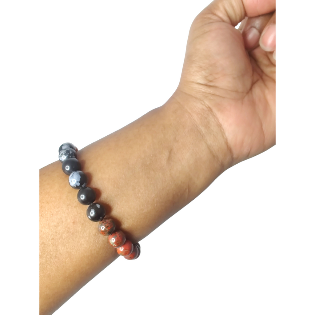 Brecciated jasper, Mexican red snowflake jasper, red jasper, and snowflake obsidian stretch bracelet image 1