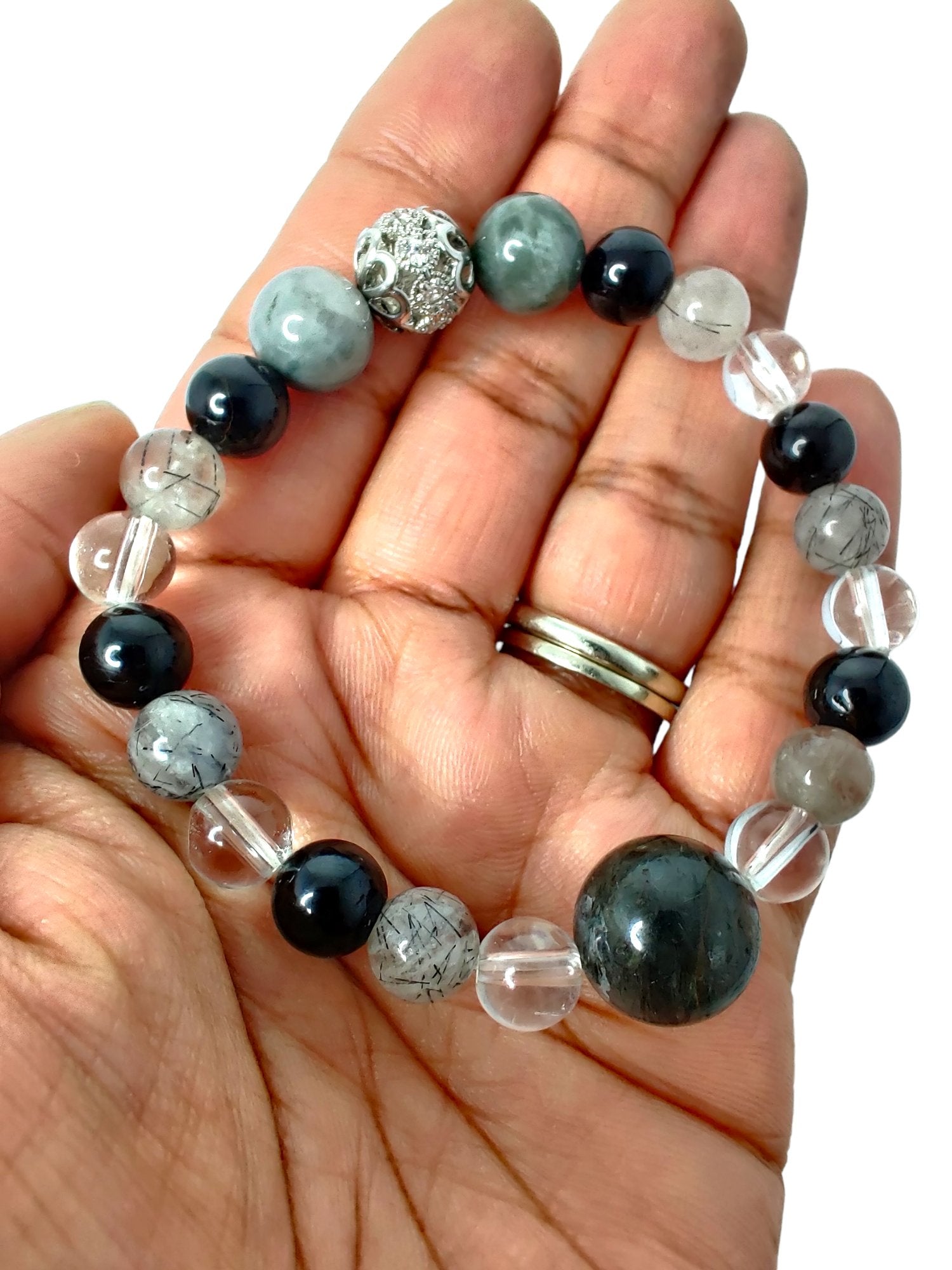Black tourmaline and multi-quartz stretch bracelet image 0