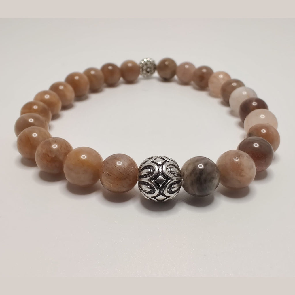 Peach moonstone and flower sunstone bracelet with silver tone daisy spacer and antique silver daisy capped round bead image 3