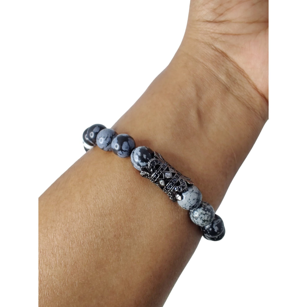 Lava rock and snowflake obsidian stretch bracelet with howlite bicones and shamballa spacer image 2