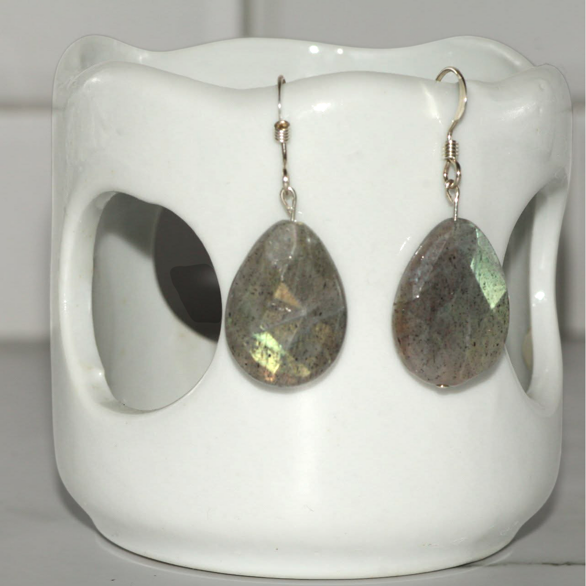 LoveStoned Jewelry Co. Aurora faceted labradorite teardrop earrings with sterling silver French hooks