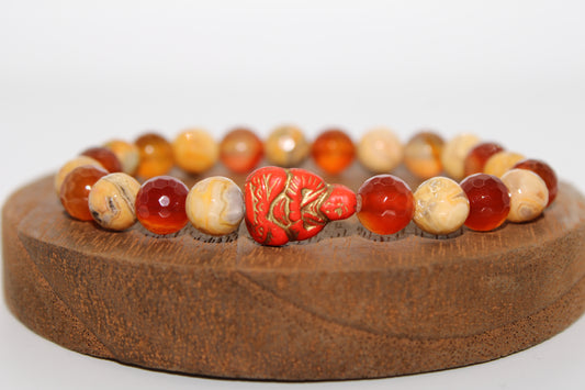 Faceted Carnelian and Yellow Crazy Lace Agate Energy Bracelet with Czech glass Buddha