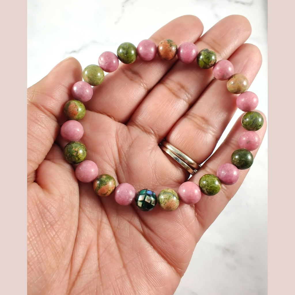 Rhodonite (AA) and unakite energy bracelet with abalone image 1