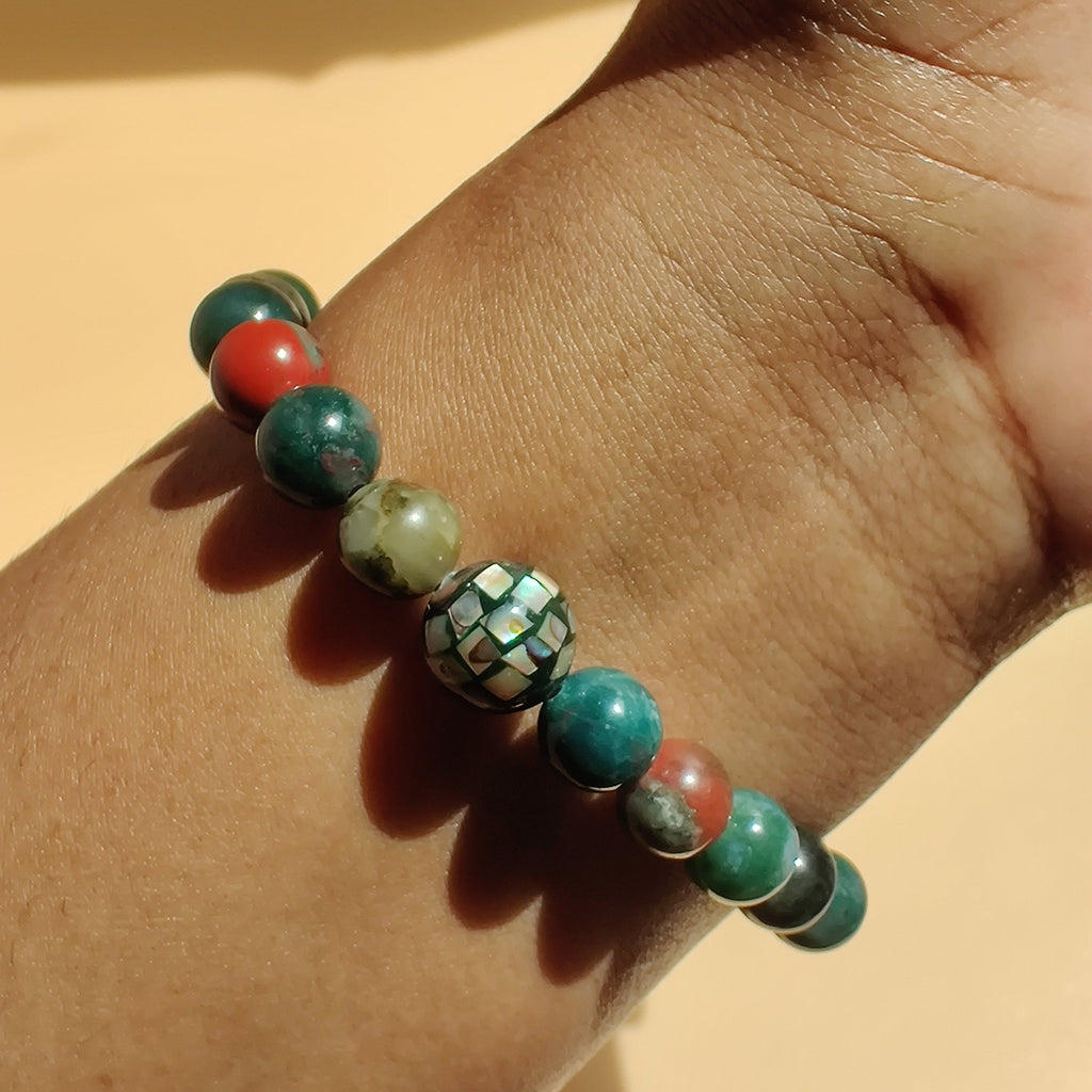 African bloodstone and moss agate stretch bracelet with abalone mosaic bead image 2