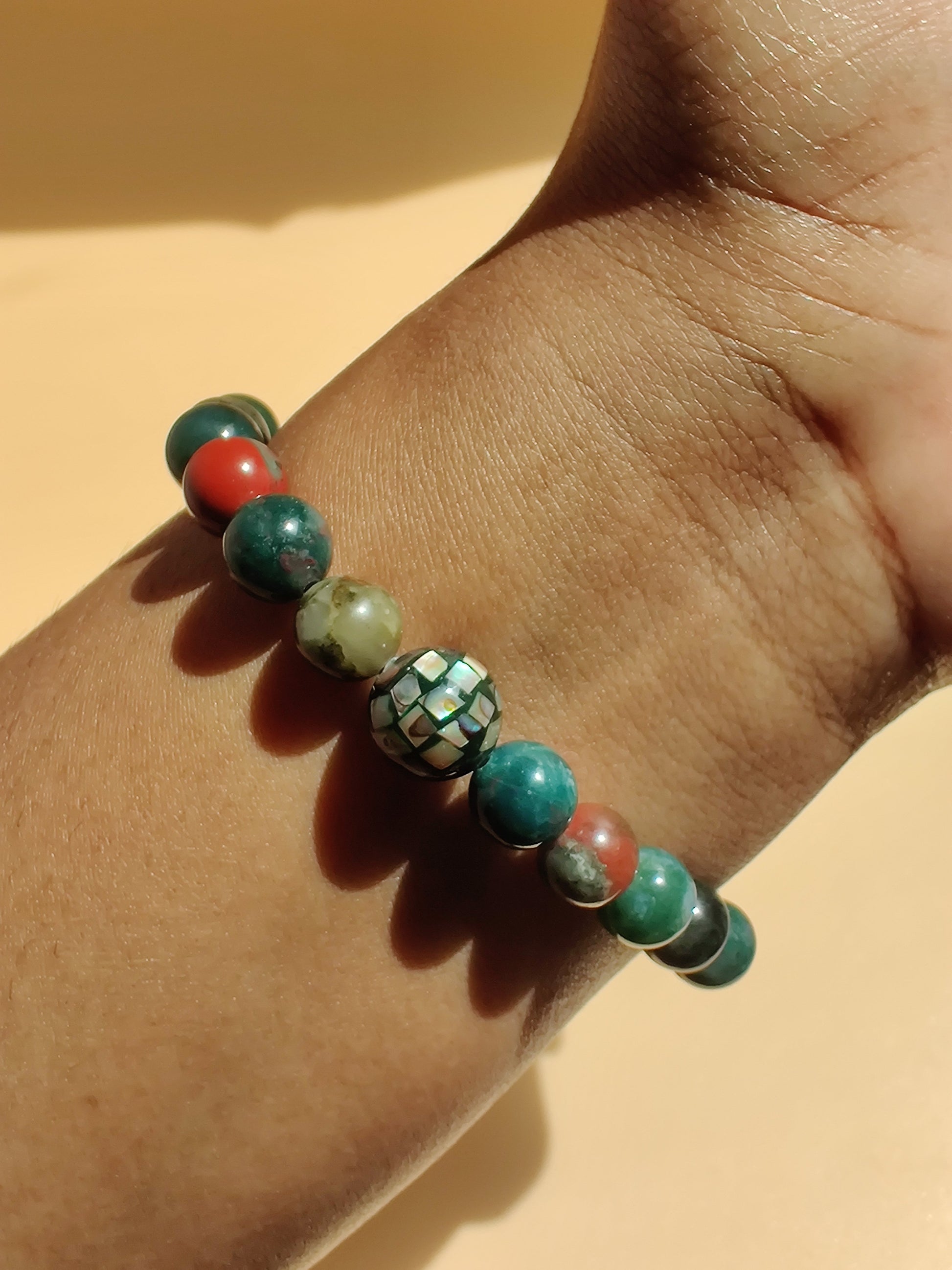 African bloodstone and moss agate stretch bracelet with abalone mosaic bead image 2