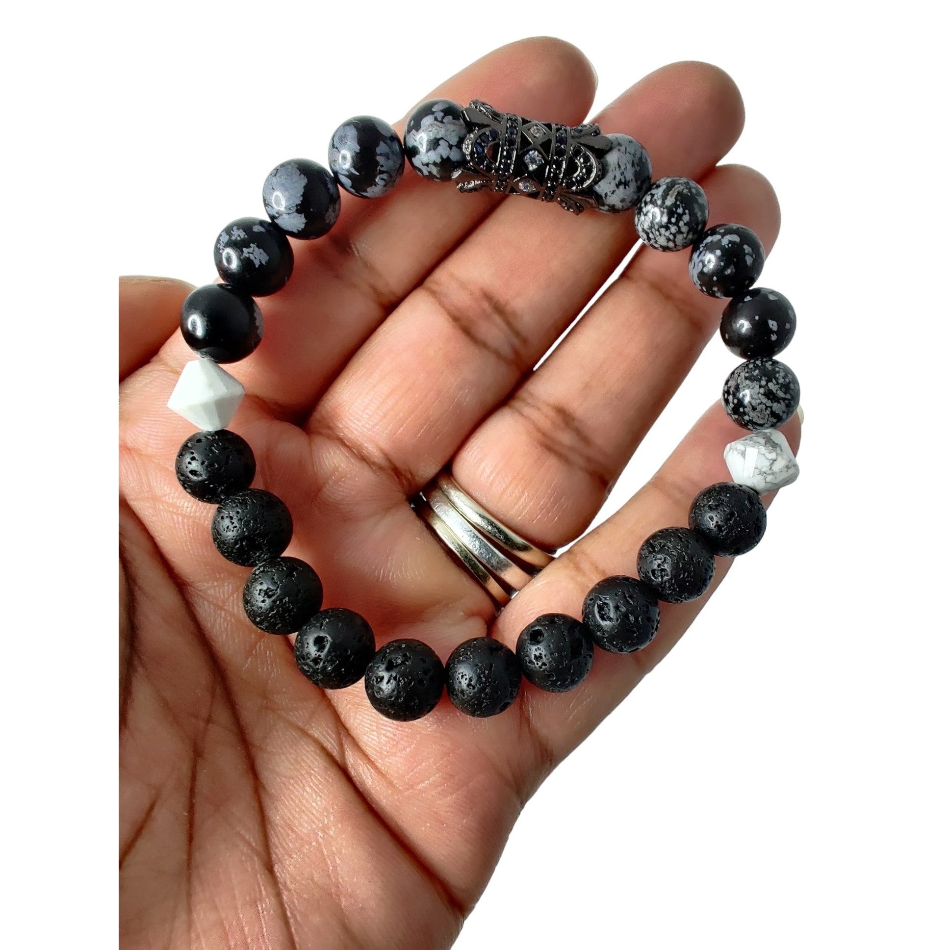 Lava rock and snowflake obsidian stretch bracelet with howlite bicones and shamballa spacer image 0