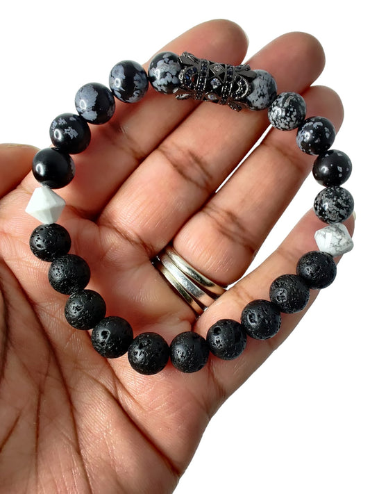 Lava rock and snowflake obsidian stretch bracelet with howlite bicones and shamballa spacer image 0