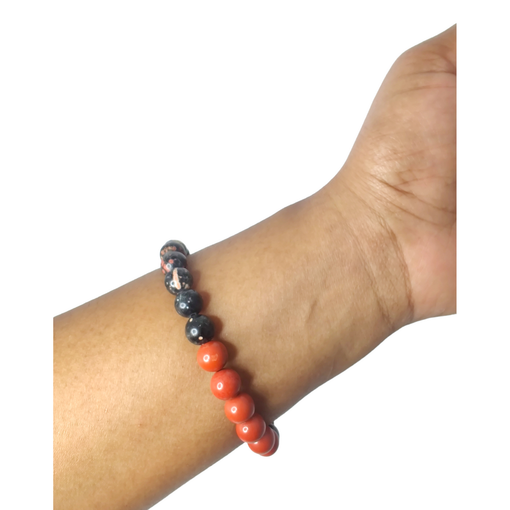 Brecciated jasper, Mexican red snowflake jasper, red jasper, and snowflake obsidian stretch bracelet image 2