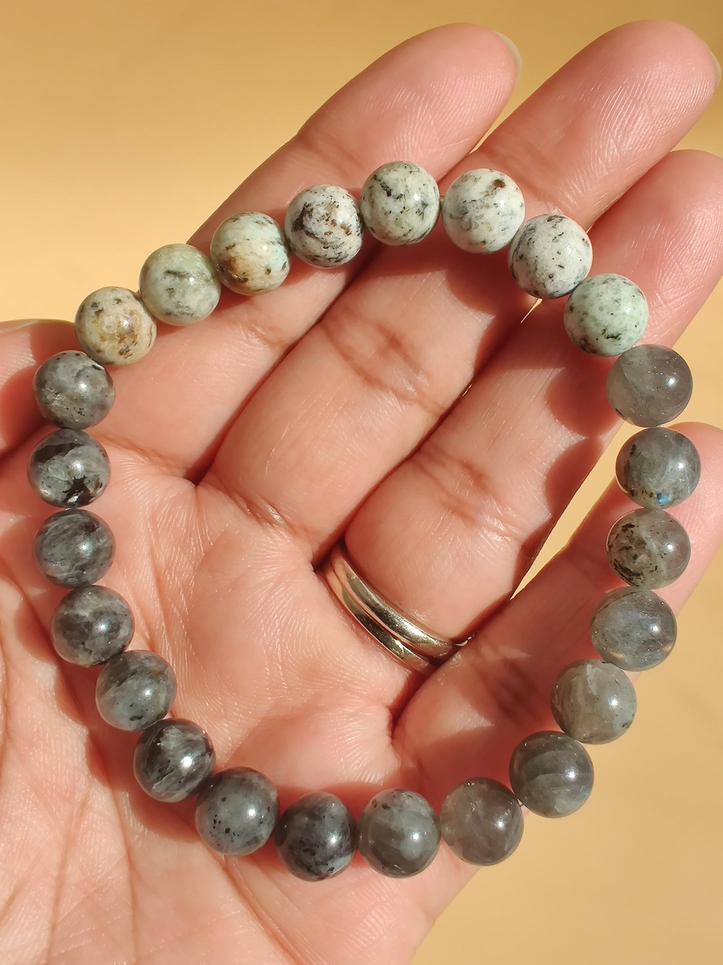 K2, labradorite (A), and larvikite stretch bracelet image 1
