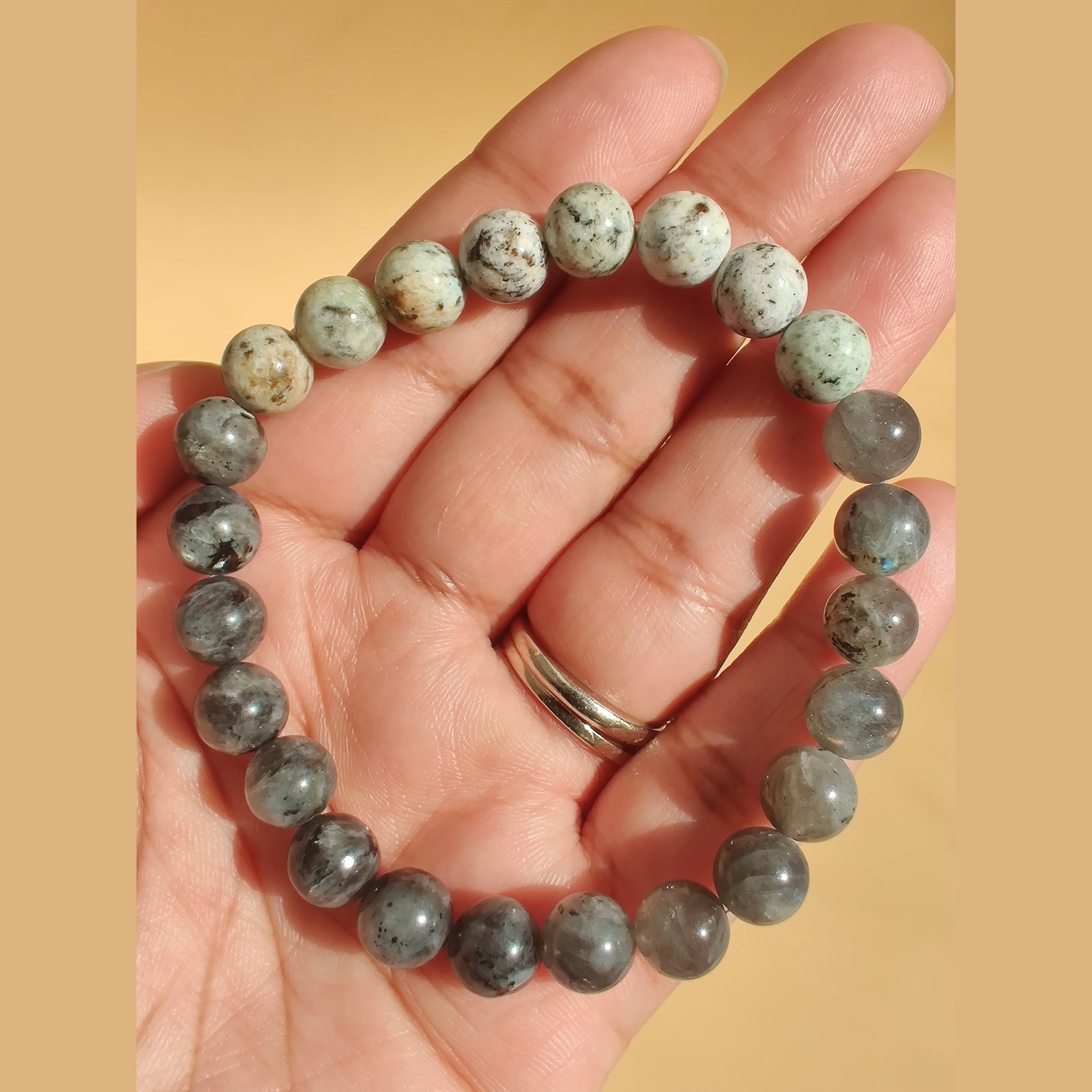 K2, labradorite (A), and larvikite stretch bracelet image 1