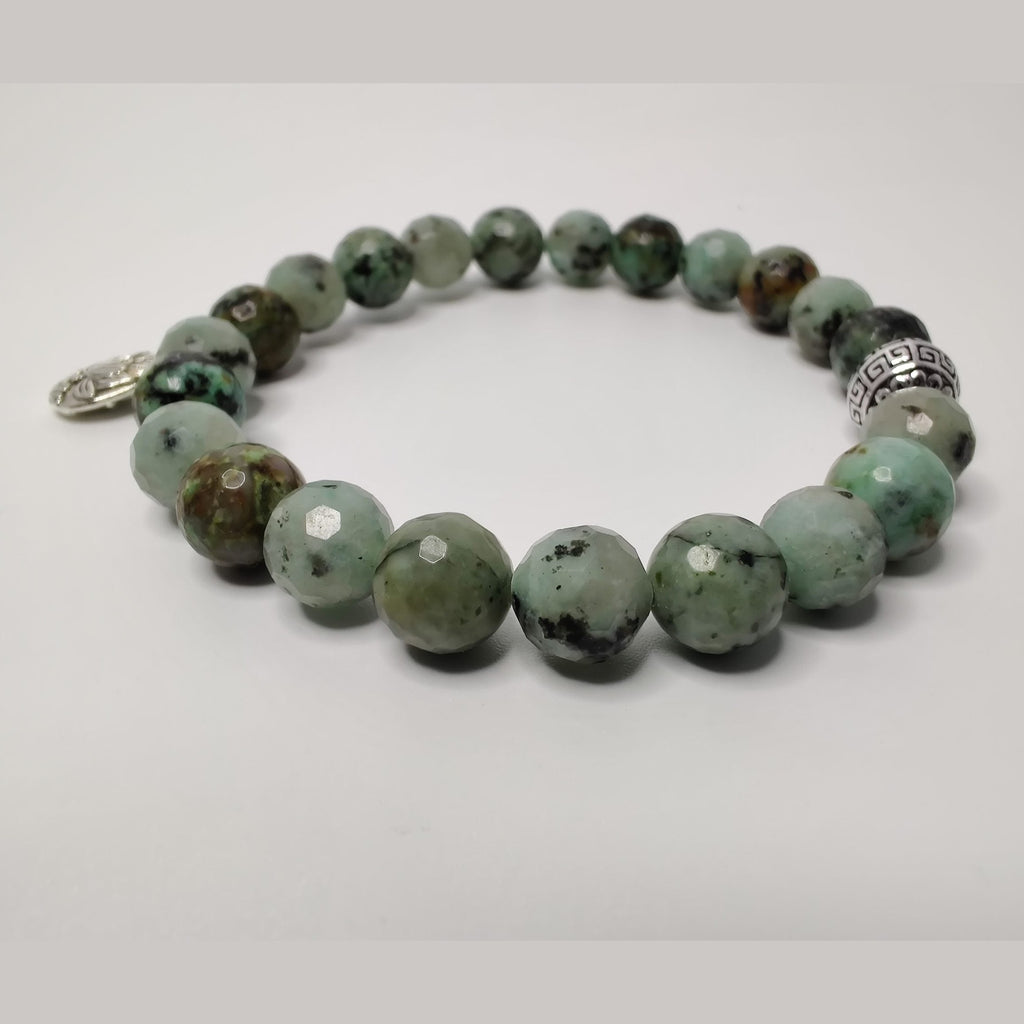 Faceted kiwi jasper and African turquoise stretch bracelet with lotus charm image 1