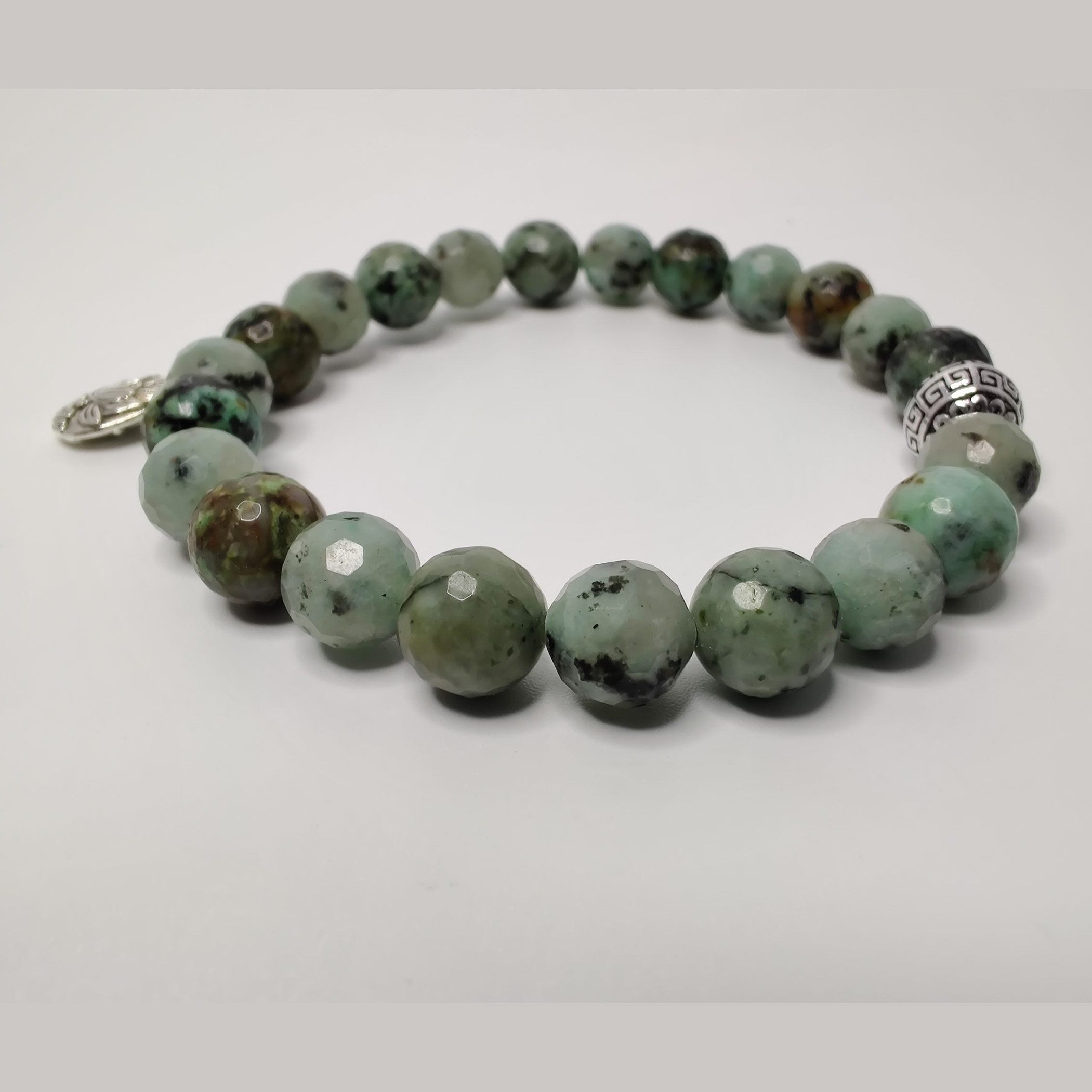 Faceted kiwi jasper and African turquoise stretch bracelet with lotus charm image 1