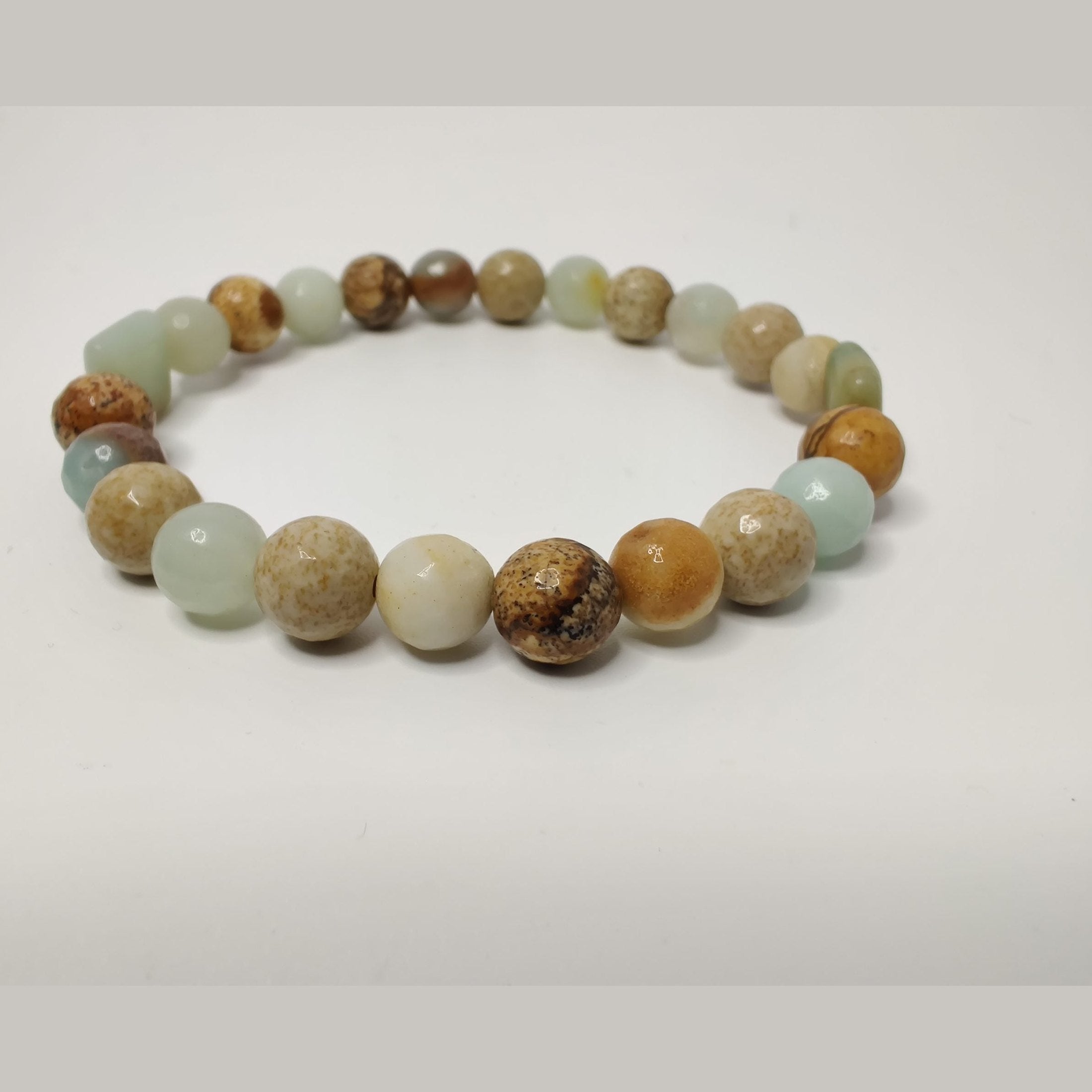 Faceted round picture jasper and black gold amazonite and black gold amazonite puff square stretch bracelet image 1