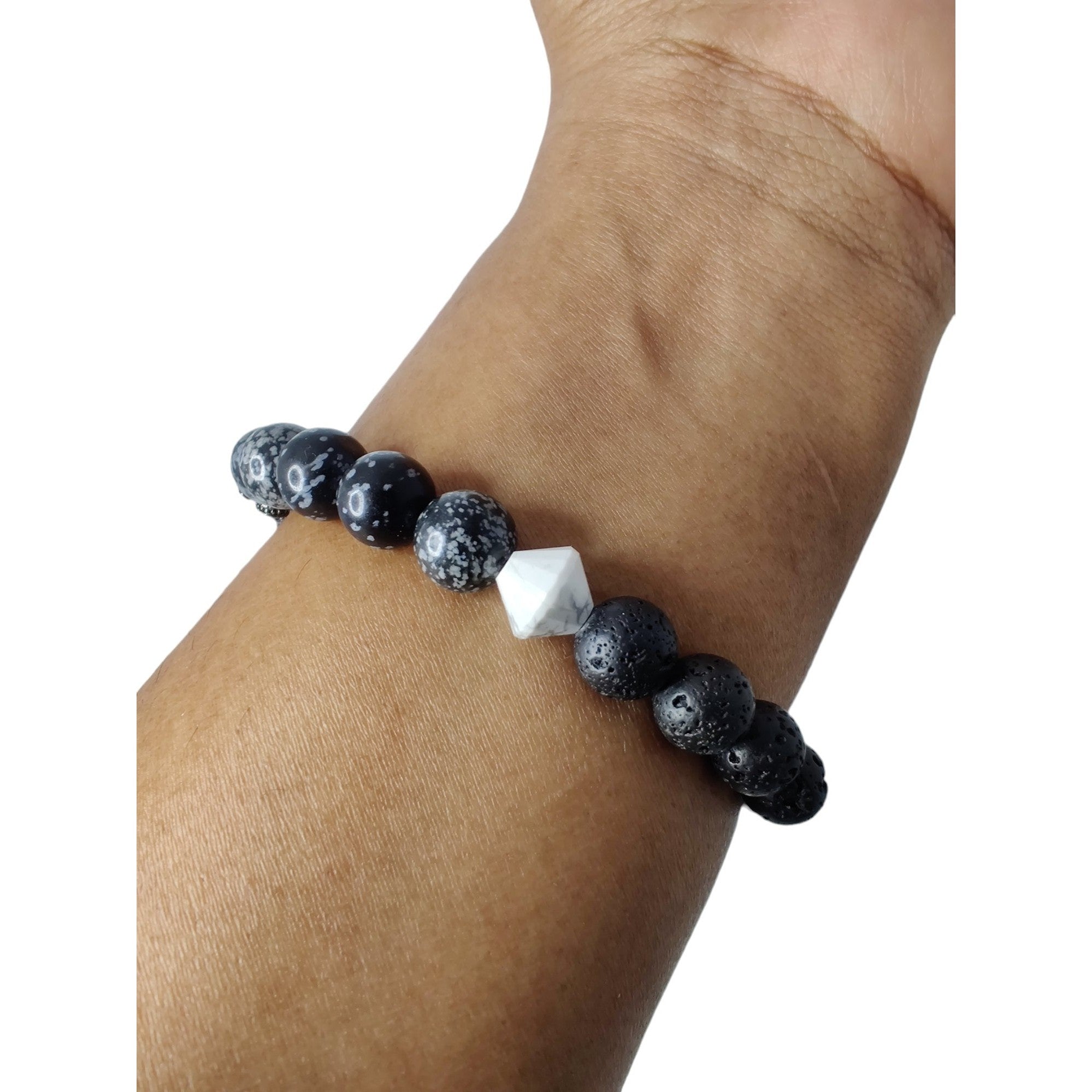Lava rock and snowflake obsidian stretch bracelet with howlite bicones and shamballa spacer image 1