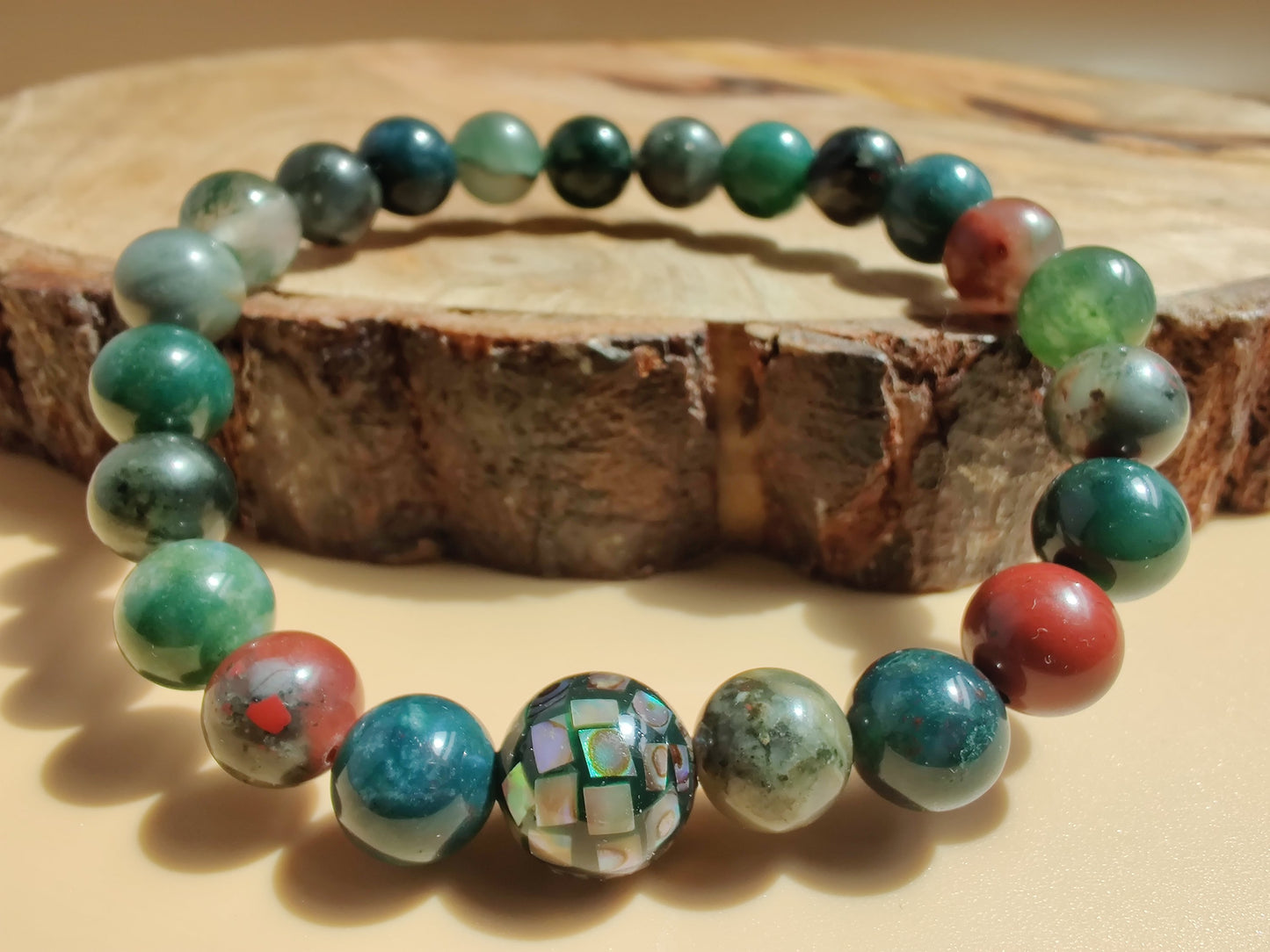 African bloodstone and moss agate stretch bracelet with abalone mosaic bead image 0