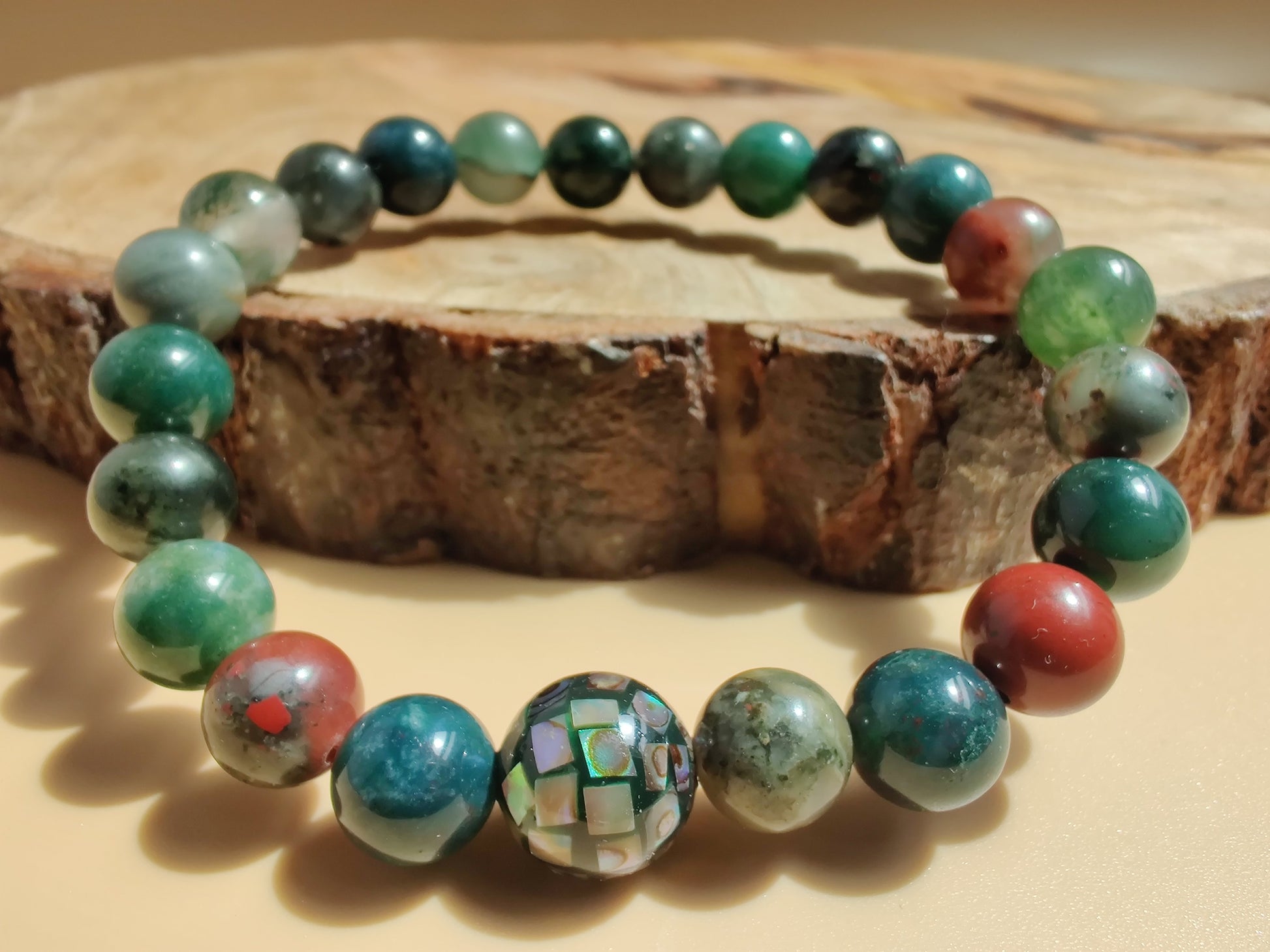 African bloodstone and moss agate stretch bracelet with abalone mosaic bead image 0