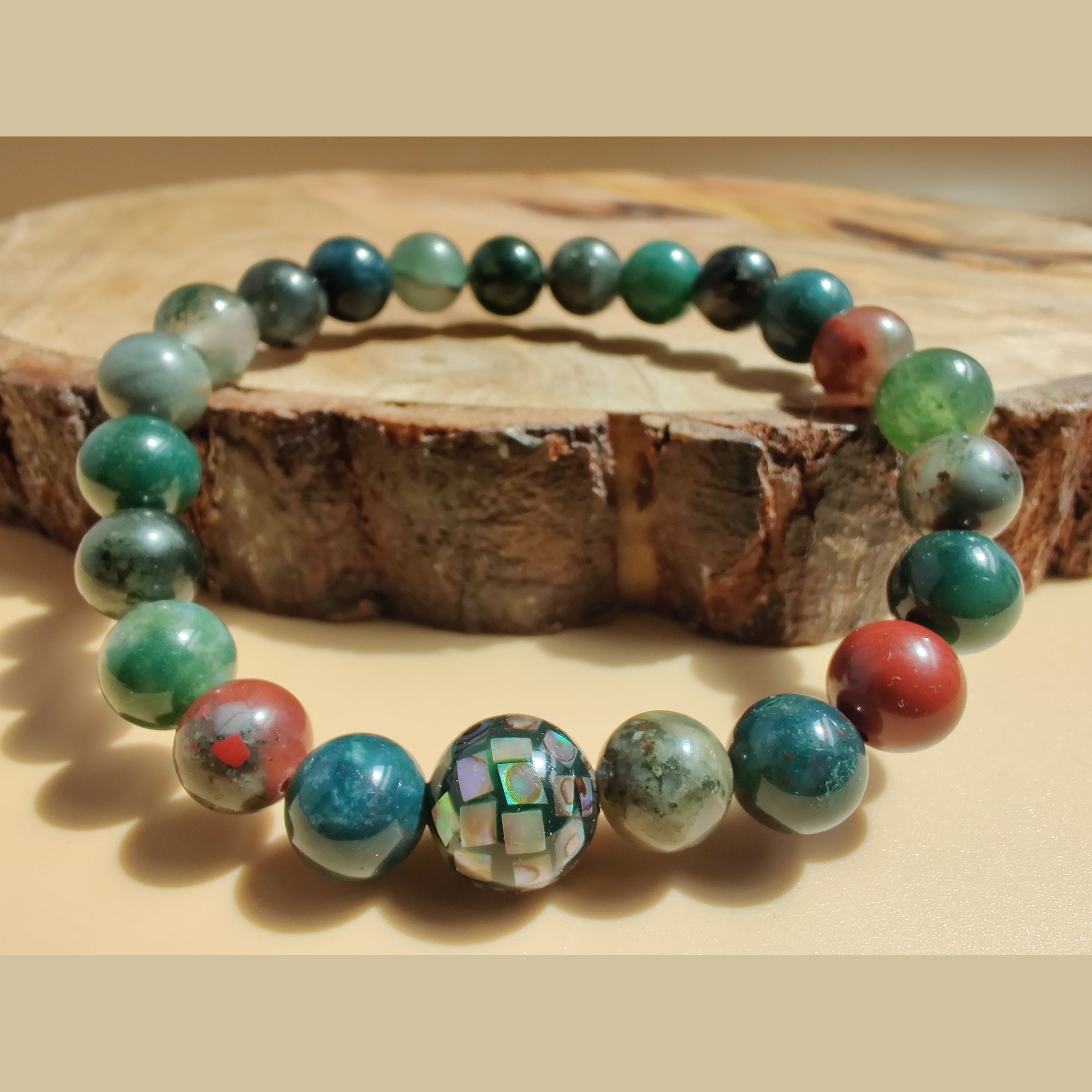 African bloodstone and moss agate stretch bracelet with abalone mosaic bead image 0