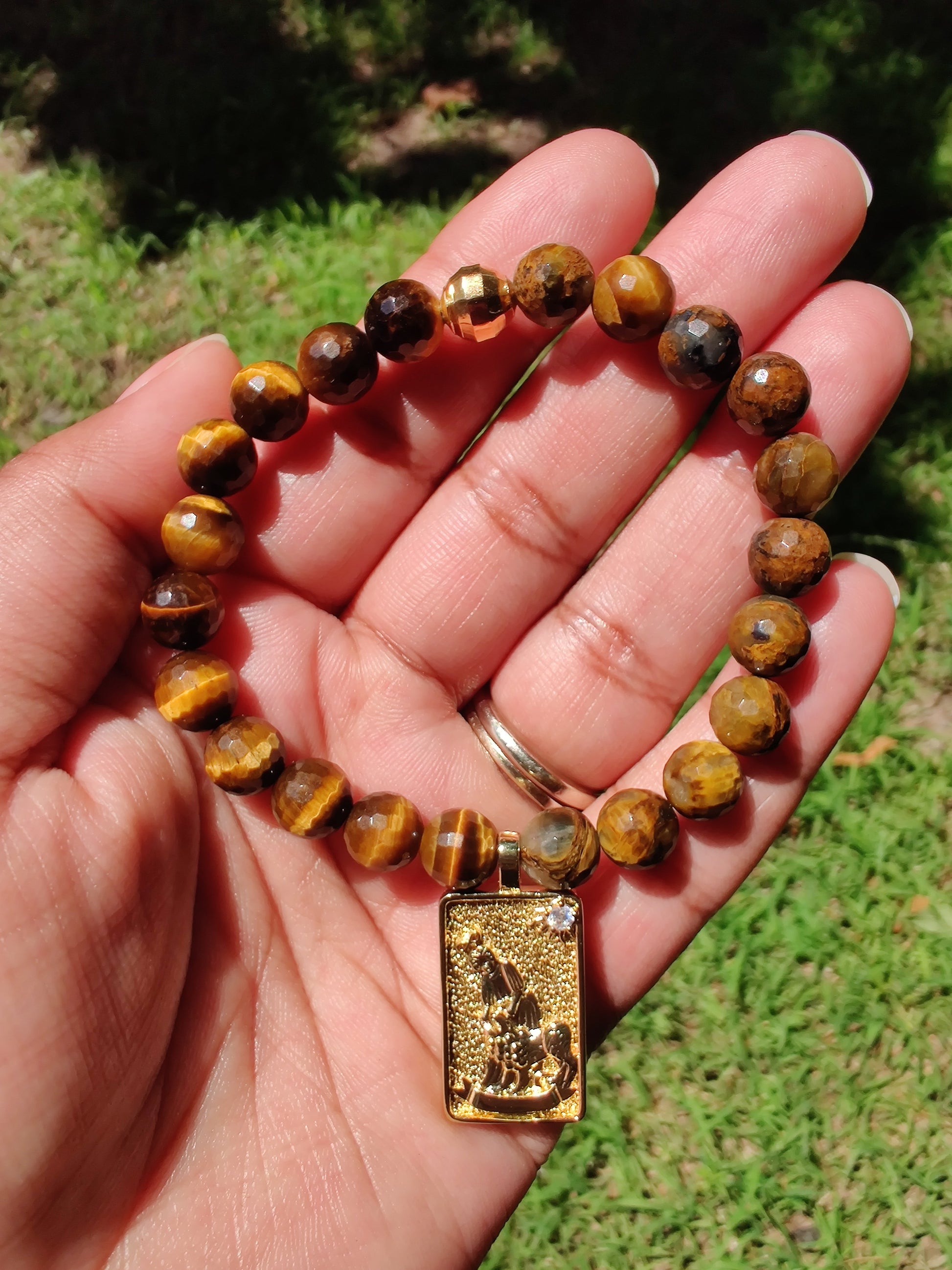 Faceted golden pietersite and tiger's eye stretch bracelet image 1