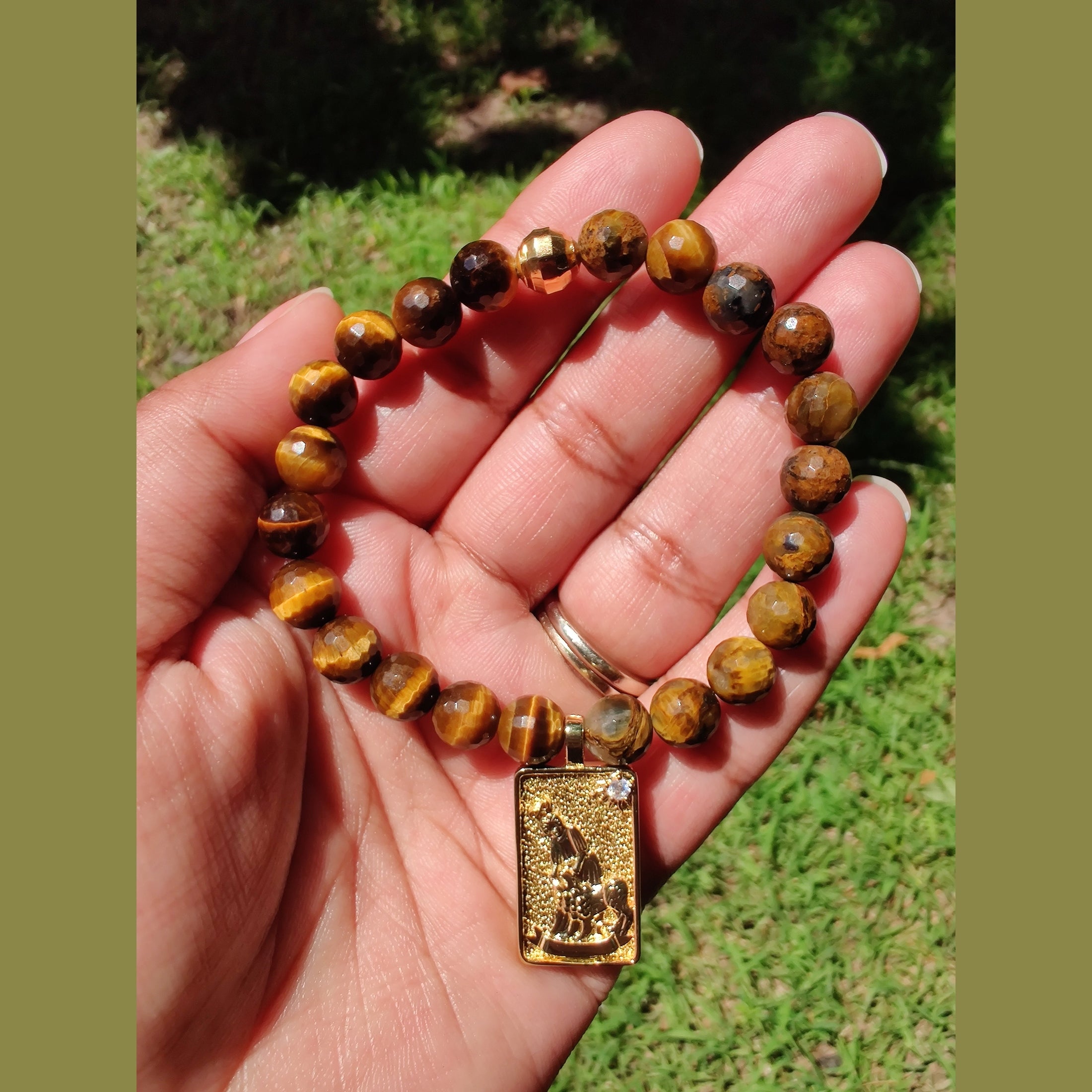 Faceted golden pietersite and tiger's eye stretch bracelet image 1