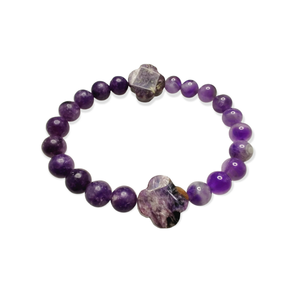 Dogtooth amethyst (A) and lepidolite (A) stretch bracelet with charoite 4 leaf clovers image 2