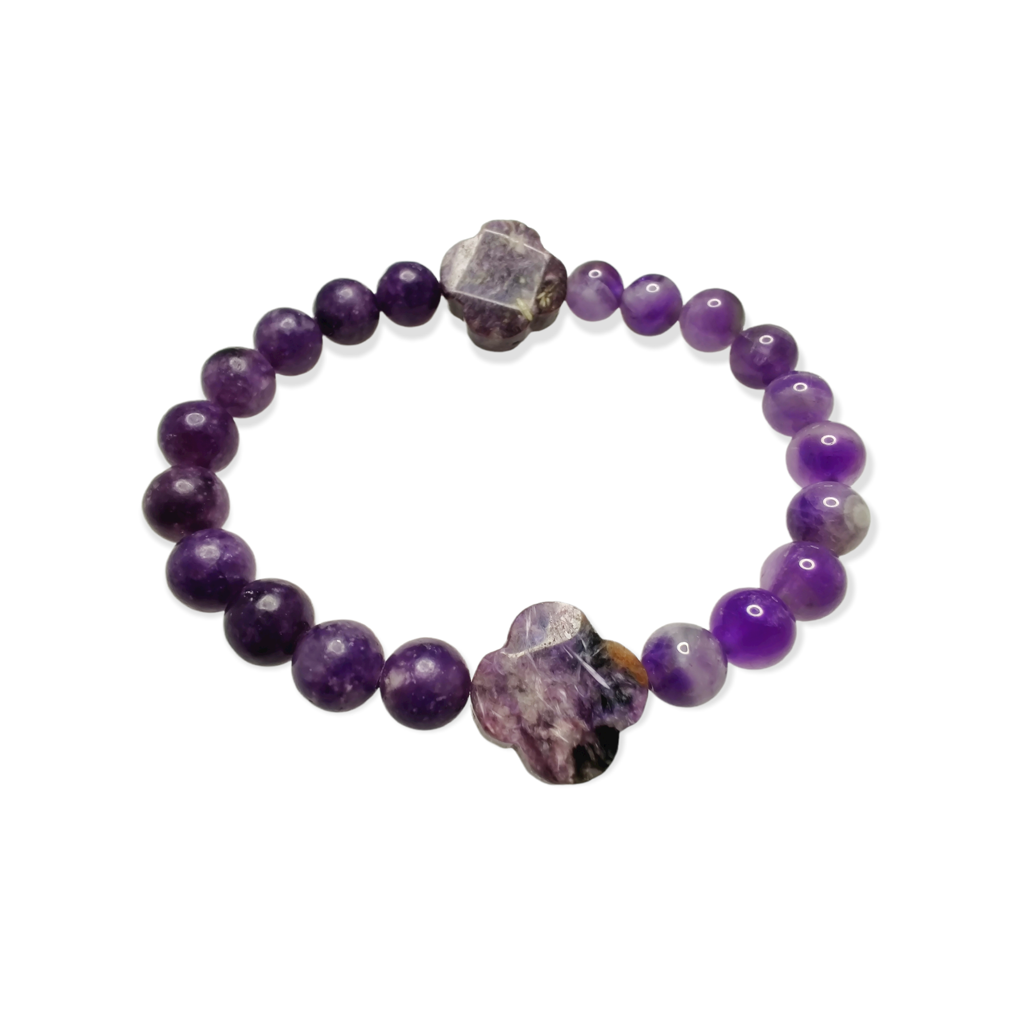Dogtooth amethyst (A) and lepidolite (A) stretch bracelet with charoite 4 leaf clovers image 2