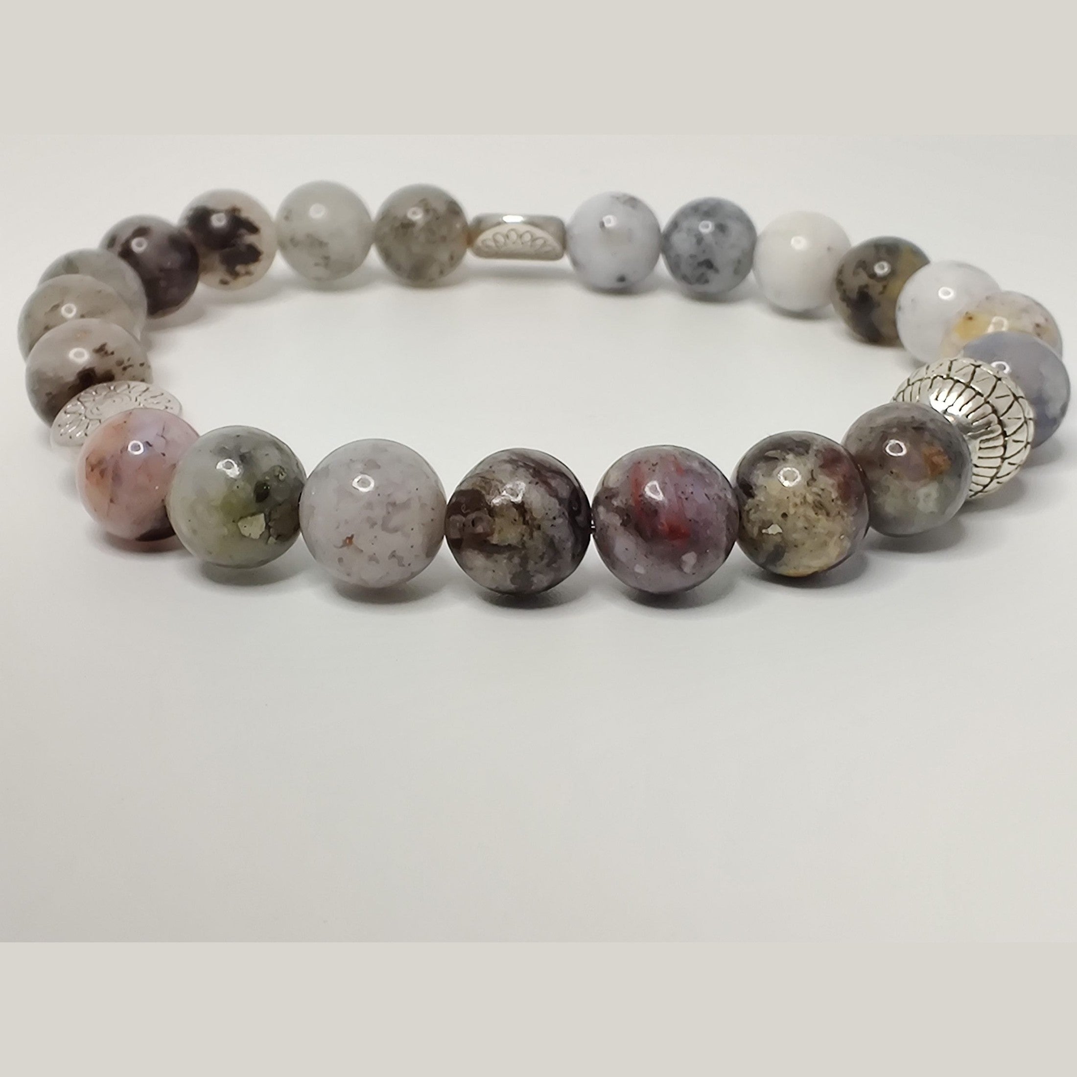 Black dendritic opal, pietersite, and lodolite stretch bracelet with silver tone flower spacers and antique silver (plated) basket round bead image 1