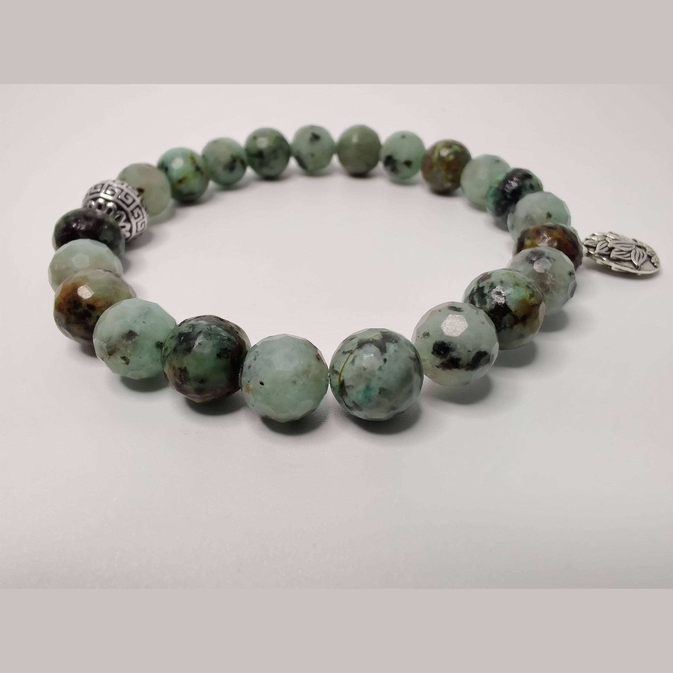Faceted kiwi jasper and African turquoise stretch bracelet with lotus charm image 3