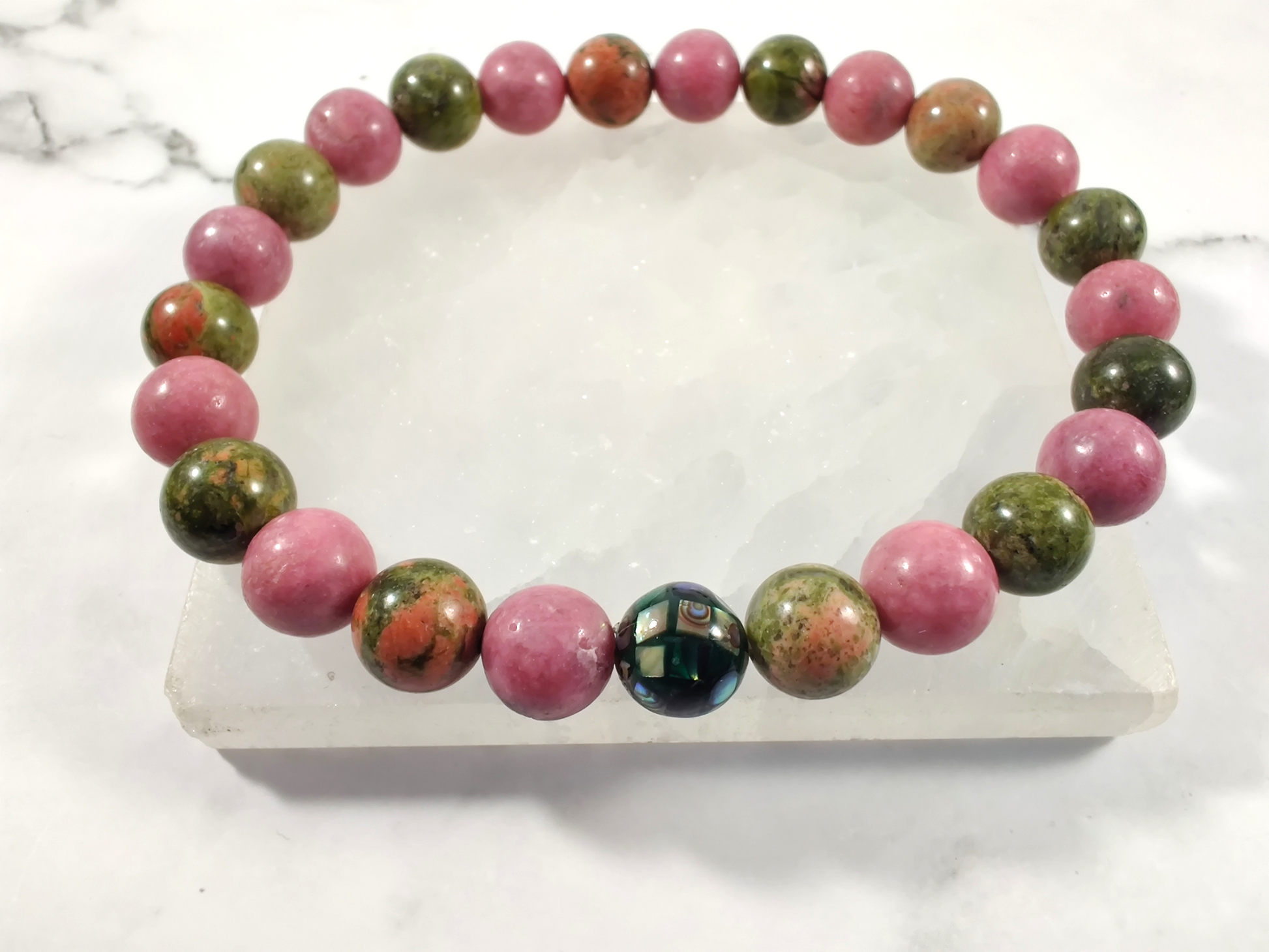 Rhodonite (AA) and unakite energy bracelet with abalone image 0