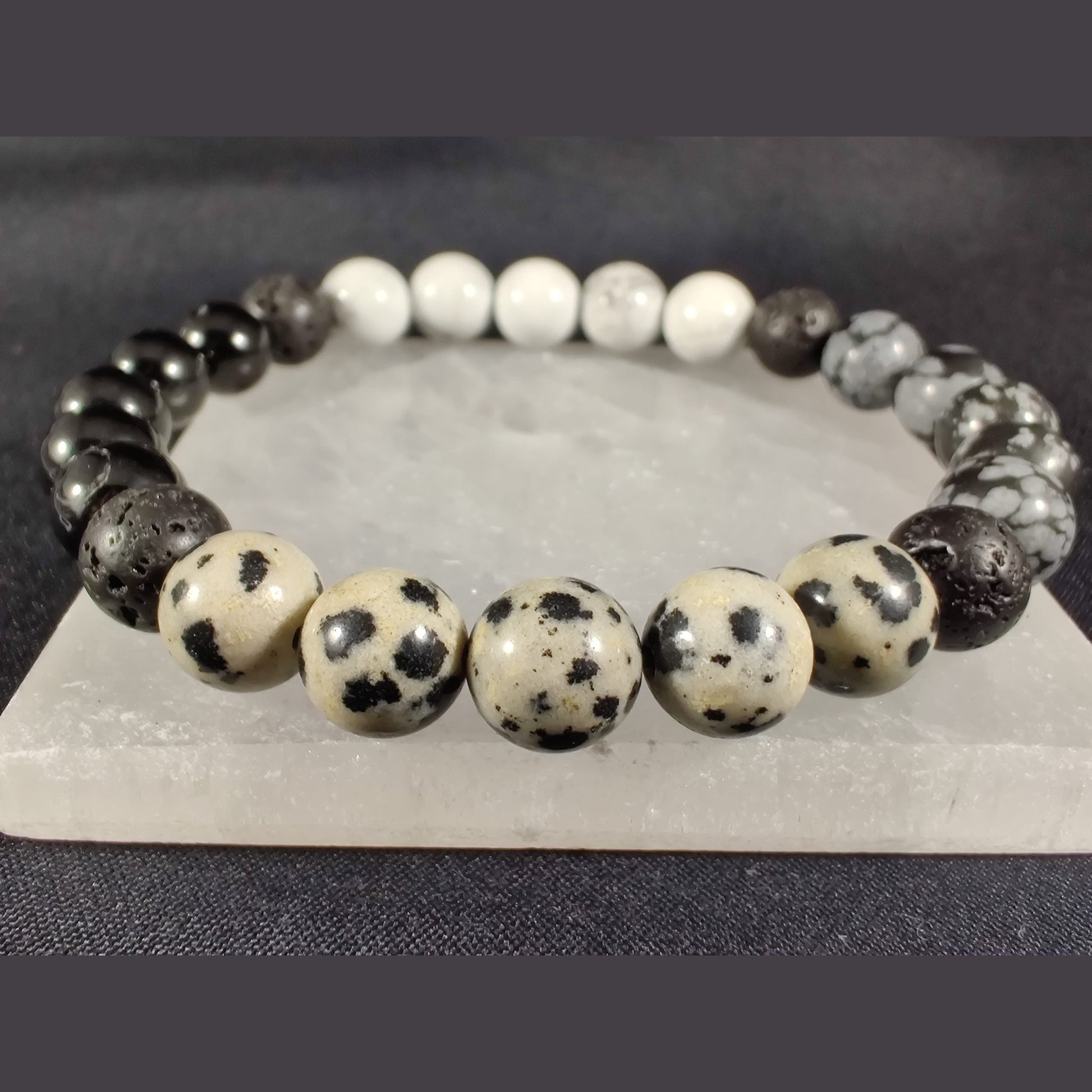 Howlite, snowflake obsidian, black tourmaline, and dalmatian jasper bracelet with lava rock image 2