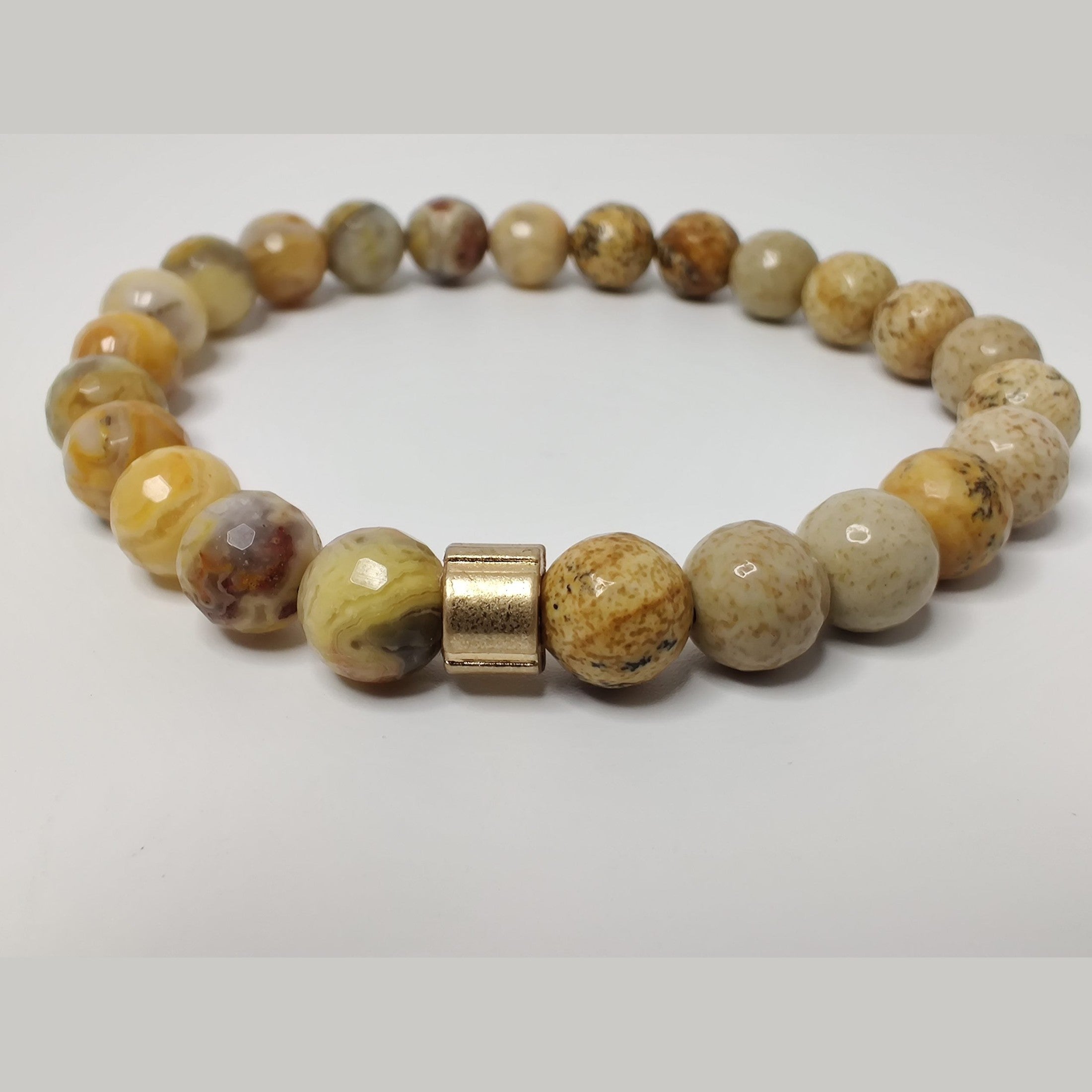 Faceted yellow crazy lace agate and picture jasper stretch bracelet with gold plated groove barrel bead slide image 1