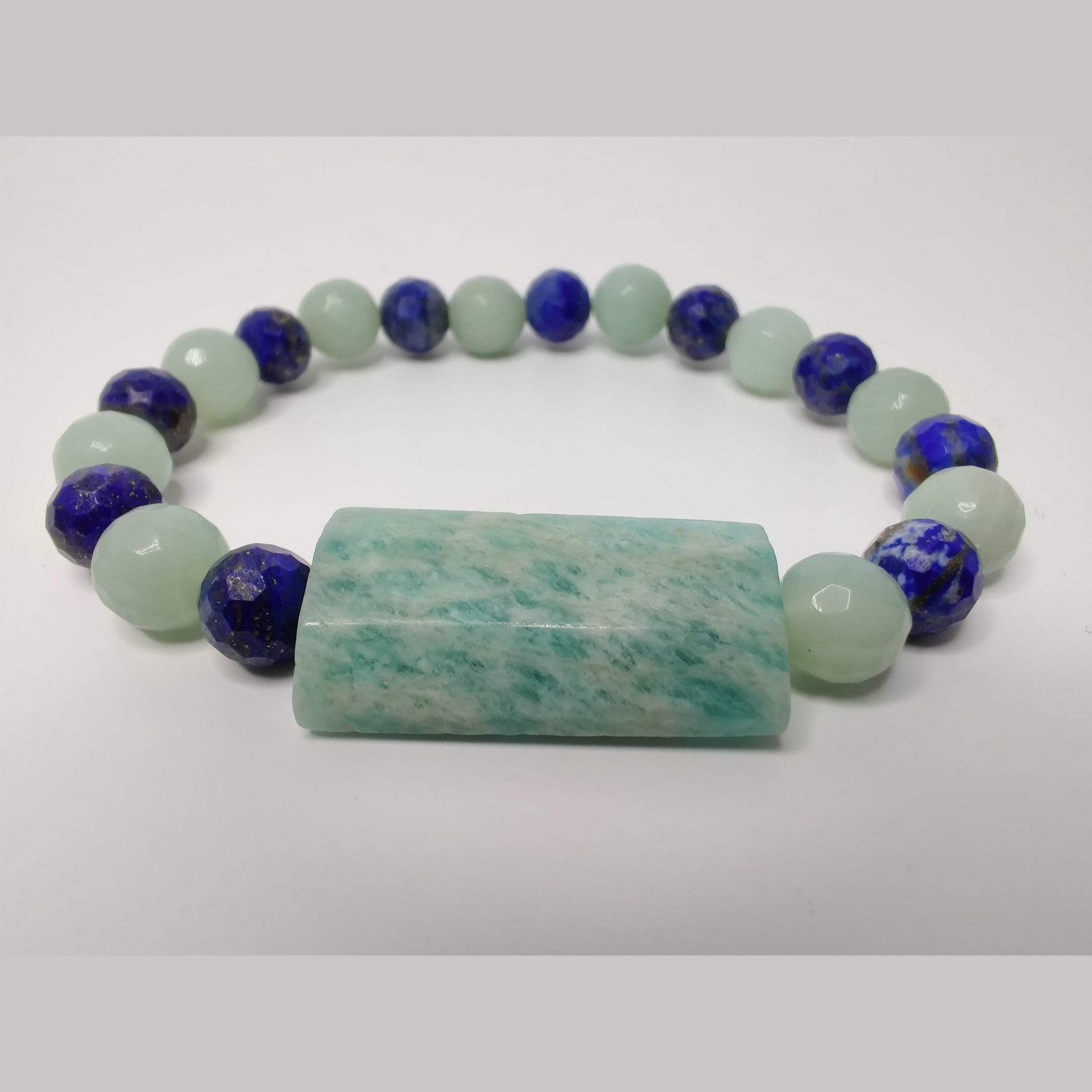 Faceted lapis lazuli and amazonite stretch bracelet with faceted Brazil amazonite puff rectangle image 0