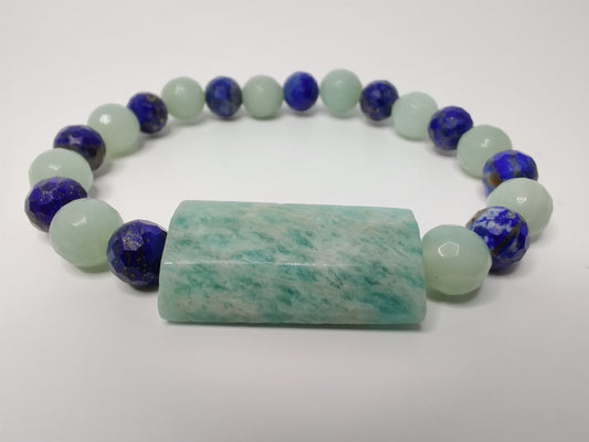 Faceted lapis lazuli and amazonite stretch bracelet with faceted Brazil amazonite puff rectangle image 0