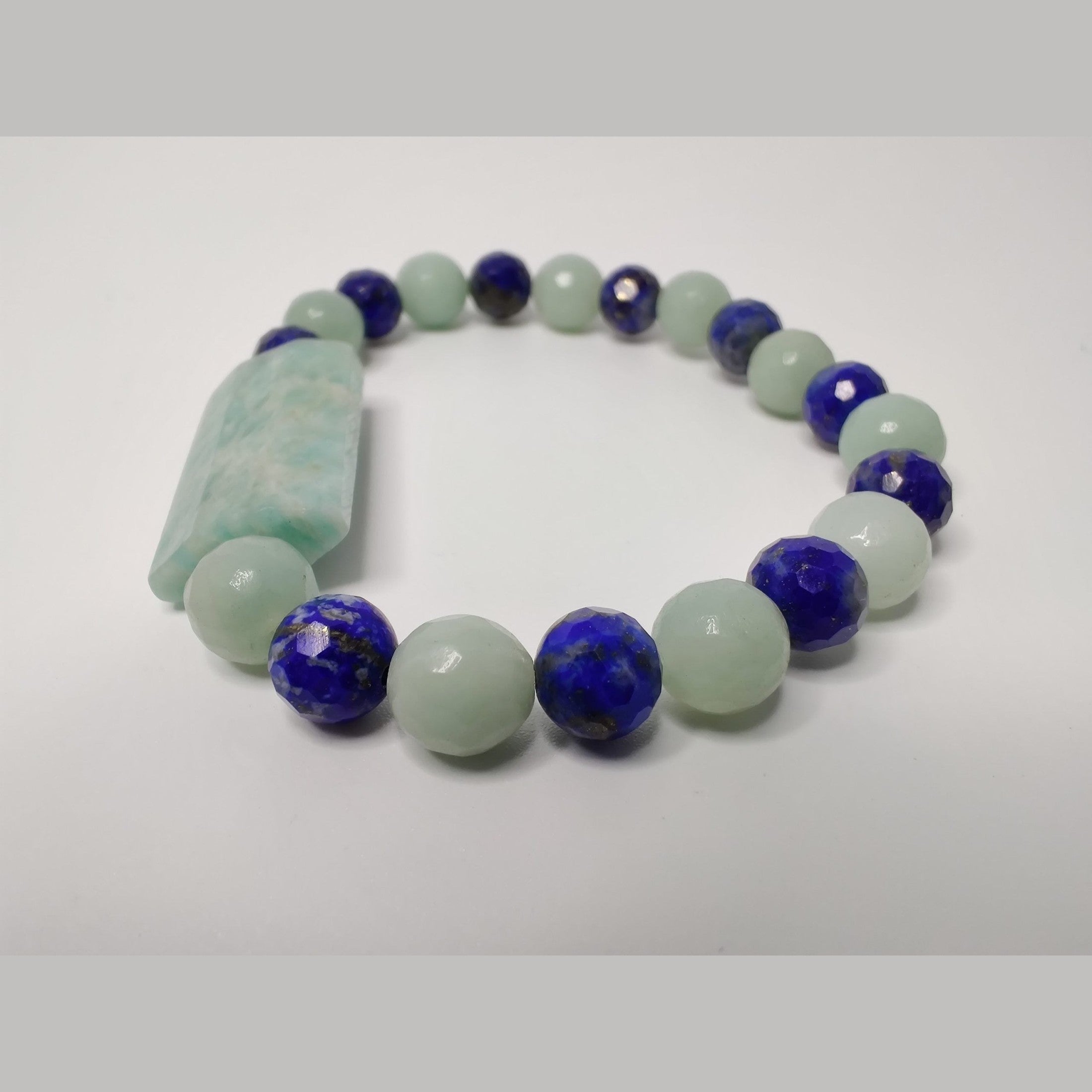 Faceted lapis lazuli and amazonite stretch bracelet with faceted Brazil amazonite puff rectangle image 2